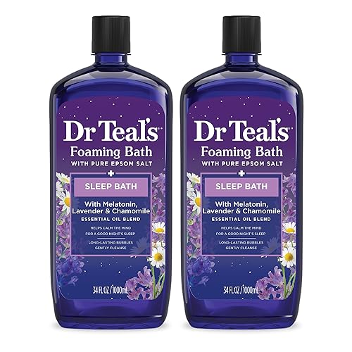 Dr Teal's Baño espumoso con sal pura de Epsom, mezcla para dormir con aceites esenciales de melatonina, lavanda y manzanilla, 34 onzas líquidas