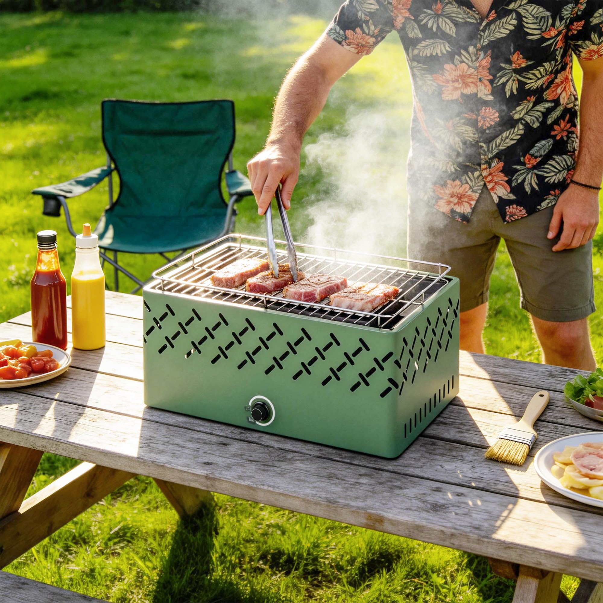 Outsunny Barbacoa de Carbón, Barbacoa Portátil, 45,5x29x21 cm, con Ventilador Integrado, Temperatura Ajustable y Bandeja de Carbón, para Camping, Picnic, Fiesta en Jardín, Verde Claro