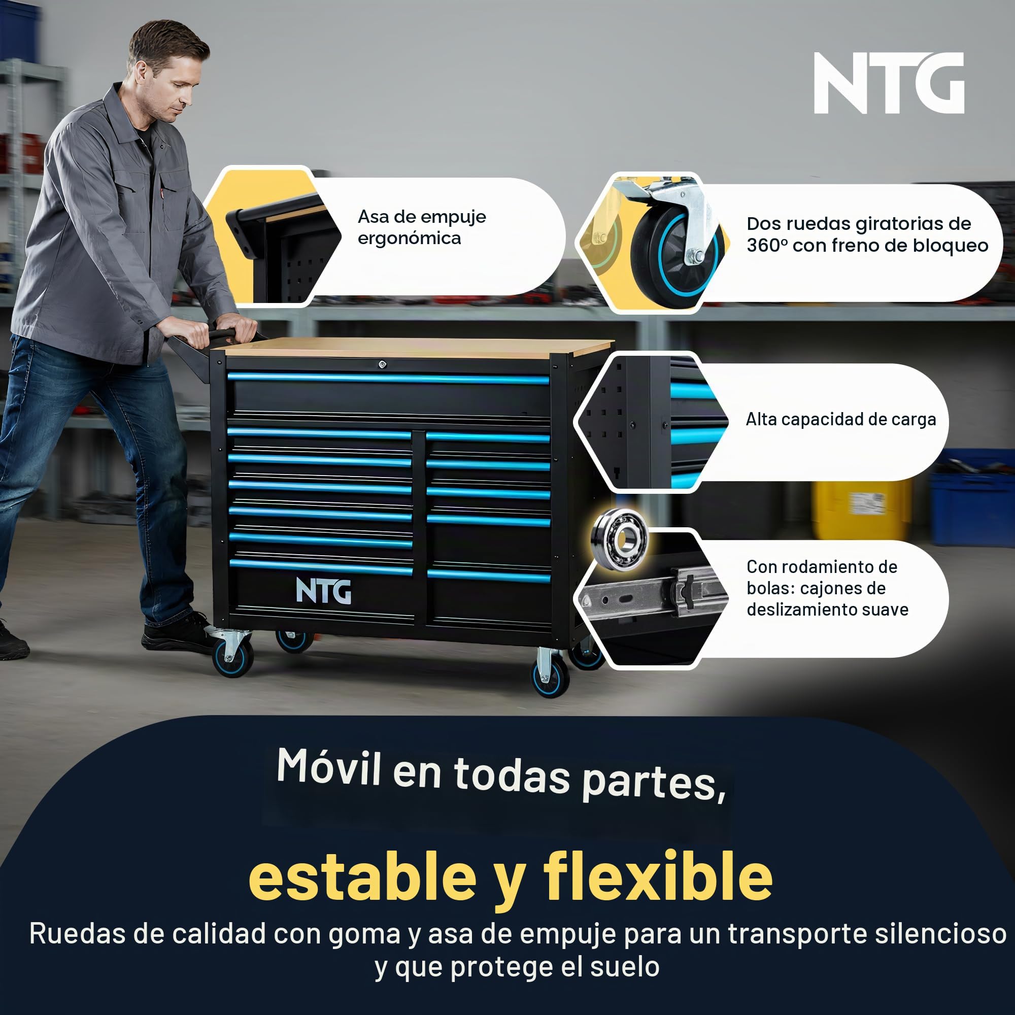 NTG Carro de herramientas XXL – 471 piezas incluidas – 12 cajones con tablero de trabajo de madera, con llave, móvil sobre ruedas – Gabinete profesional de metal para garaje y taller