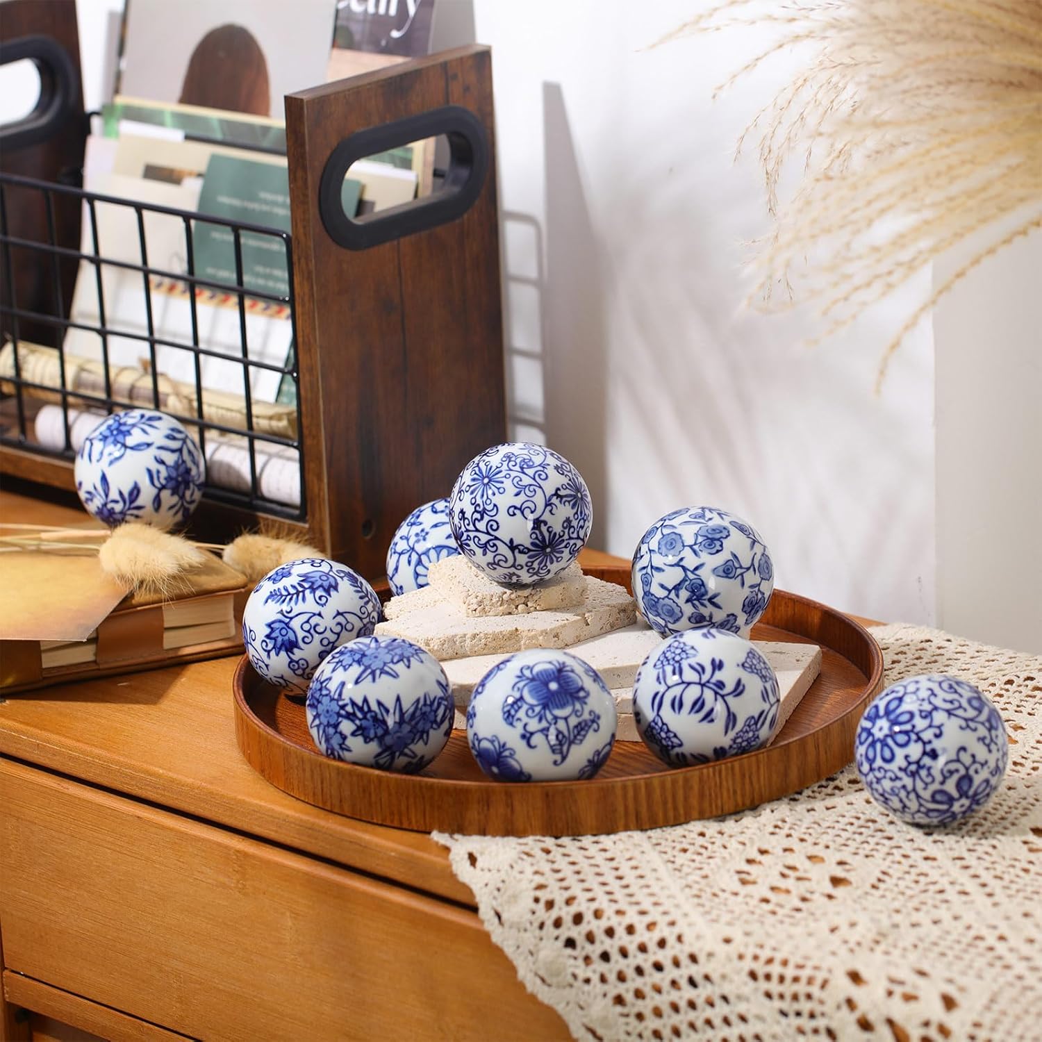 Vesici 9 Pcs Blue and White Porcelain Balls Decorative Chinoiserie Orbs for Centerpiece Bowls China Ceramic Balls Farmhouse Basket Tray Vases Decoration Gifts for Dining Table Holiday(Leaf Style)