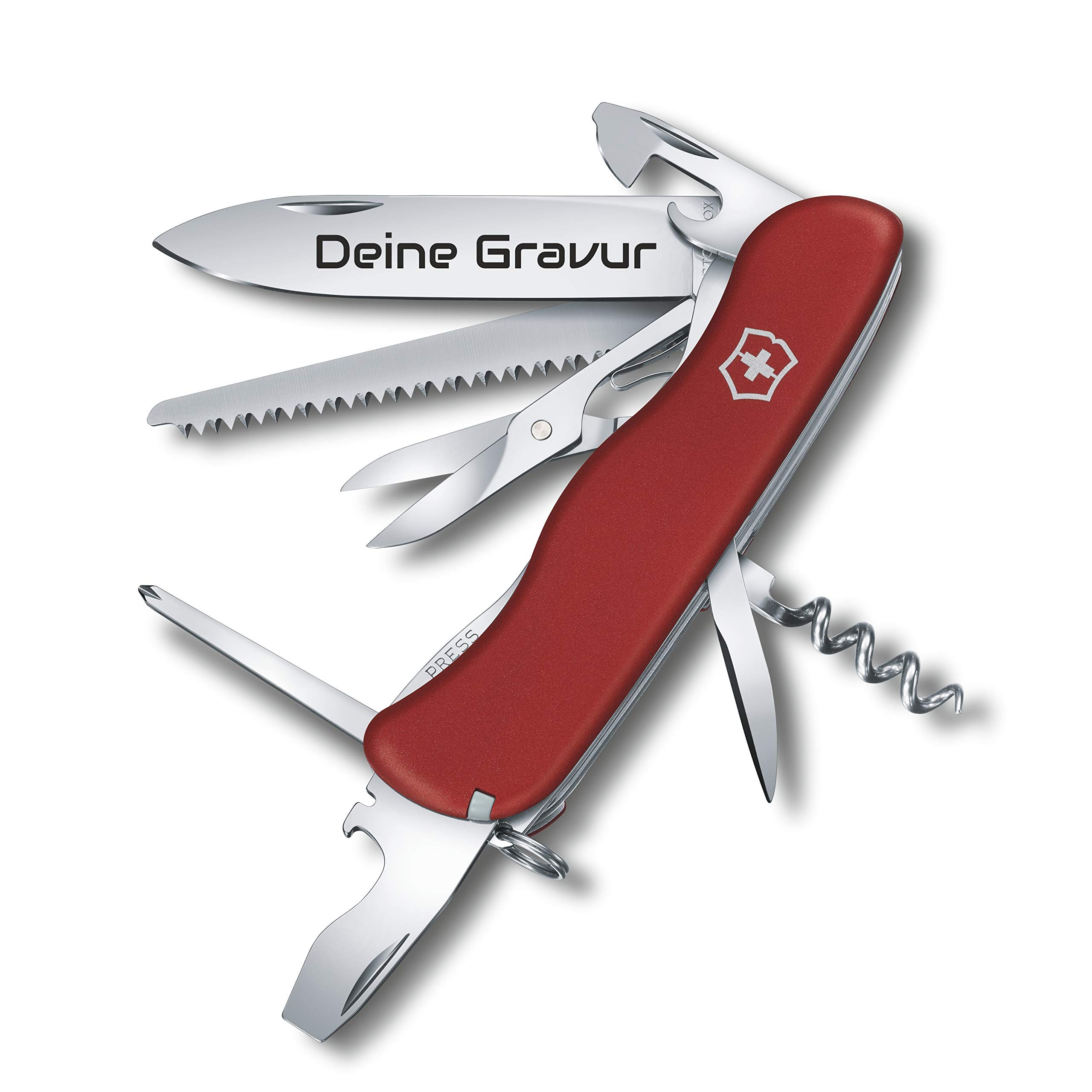 Taschenmesser Outrider mit Wunsch Gravur auf der Klinge I Geschenk für Männer Frauen I zum Geburtstag I Schweizer Taschenmesser personalisiert mit 14 Funktionen 0.8513 (rot)