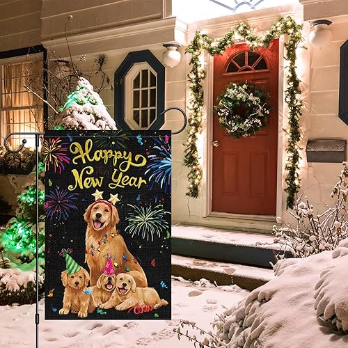 Miniatura 3 de Louise Maelys Bandera de jardín con texto en inglés «Happy New Year» de 12 x 18 pulgadas, vertical de doble cara, de arpillera, pequeña celebración,