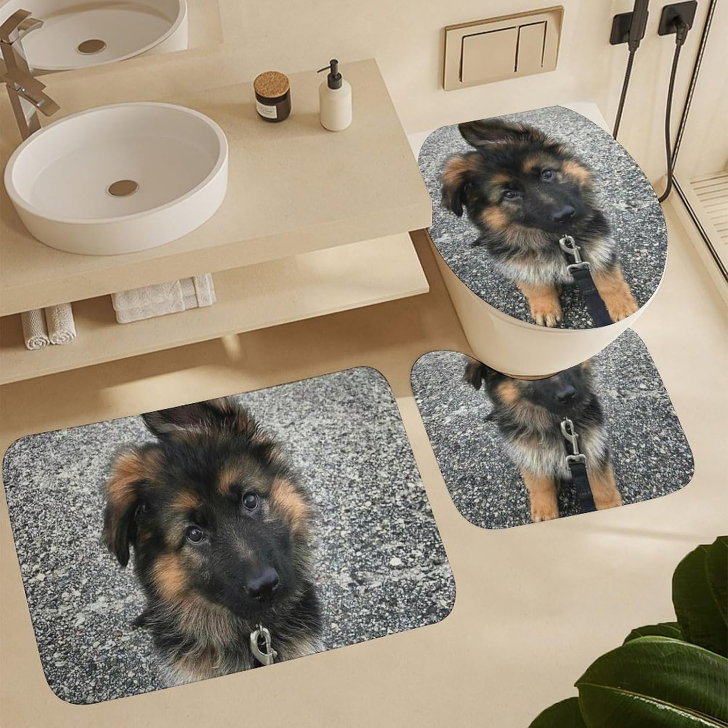 Cute German Shepherd Puppy Shower Curtain Set 4 Piece, Non-Slip Bath Mat with Toilet Lid Cover and Waterproof Shower Curtain with 12 Hooks, Complete Bathroom Set for Home Decor