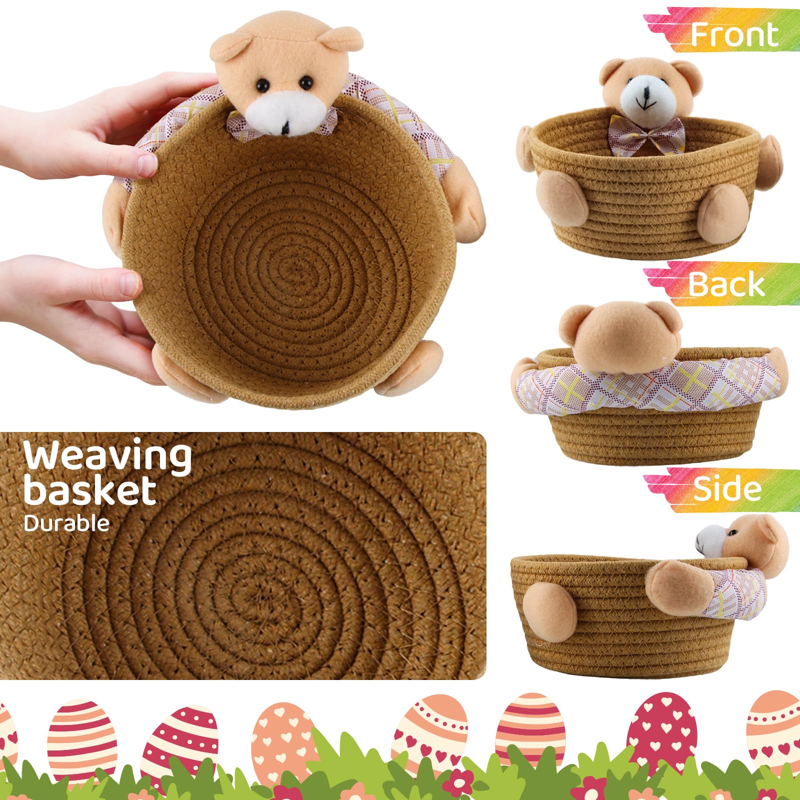 3Pcs Cesta de Huevos de Pascua, Cesta de Cuerda de Algodón, Cesta del Conejo de Pascua, Cesta Organizadora Cuerda Algodón Tejida, Cestas de Almacenaje, Cestas Baño Organizadoras (Marrón)