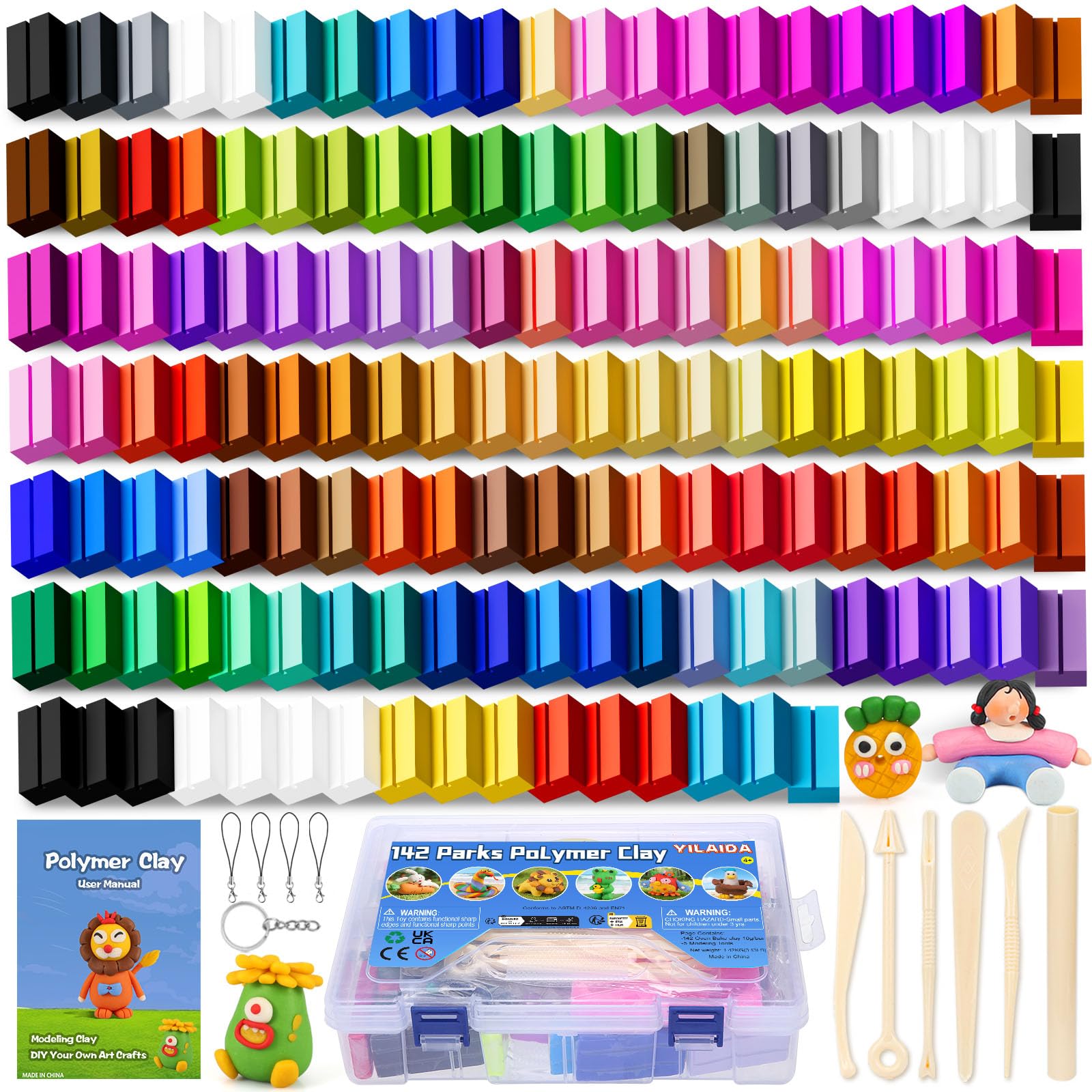 YILAIDA Lot de 142 paquets d'argile polymère pour enfants avec 5 outils de sculpture, non toxique et doux, cadeau d'anniversaire, débutants/adultes