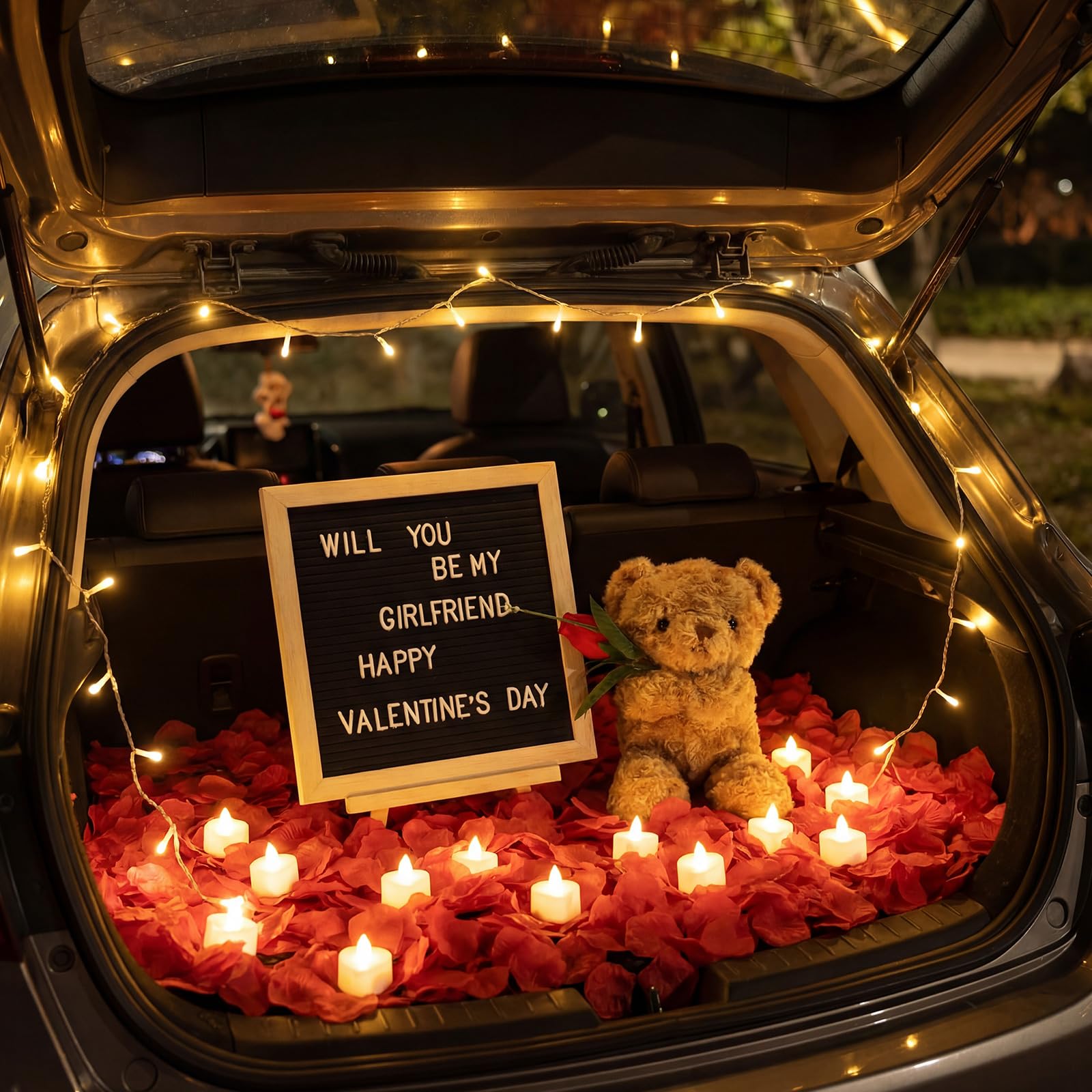 Ceenna Panneau romantique Will You Be My Girlfriend avec bougies LED et pétales de rose artificiels, cadeau animal en peluche avec rose, panneau à lettres en feutre pour la Saint-Valentin (rouge)