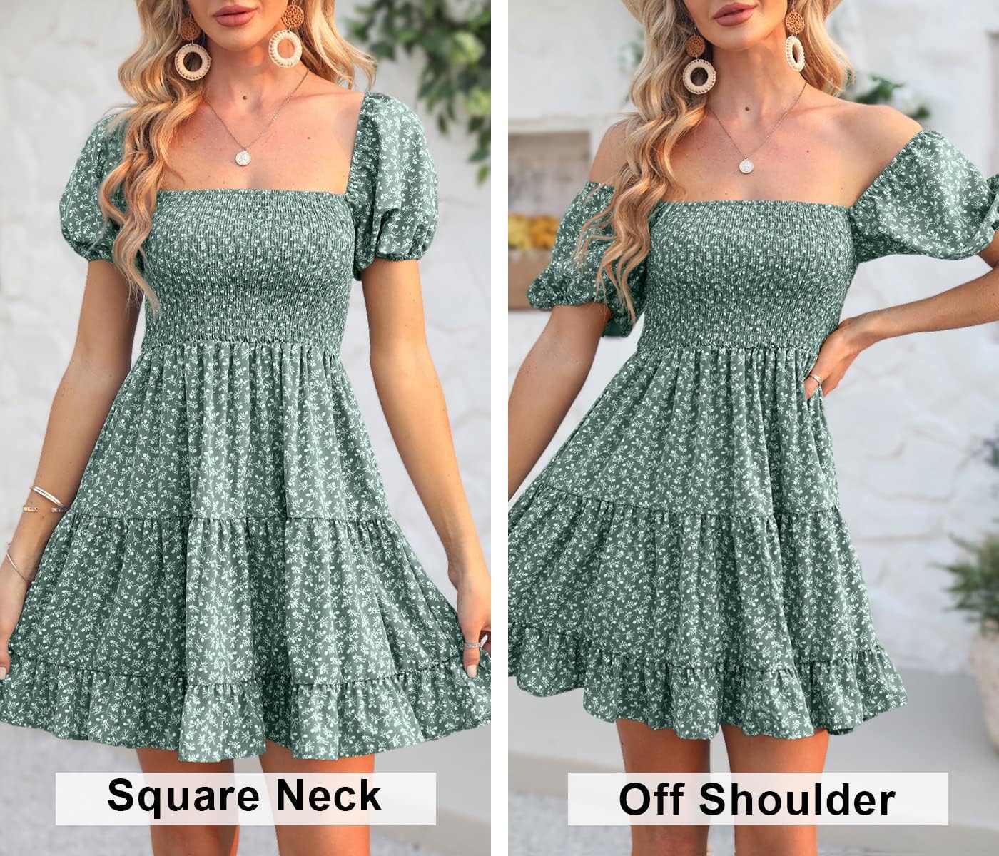 Veatzaer Women's Puff Sleeve Square Neck Smocked Babydoll Dress Boho Floral Print Off Shoulder Ruffle Mini Short Dress - Image 5