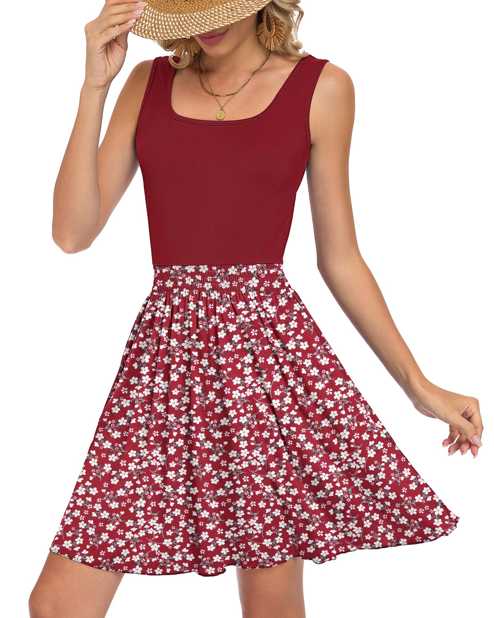 WNEEDU Ärmellose Sommerkleider Damen Sexy Strandkleid Floral Minikleider Hohe Taille Swing Kleider U-Ausschnitt mit Taschen