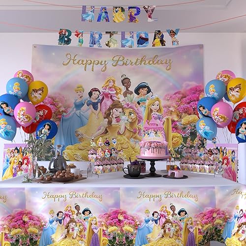 Nelton Suministros de fiesta para princesa, incluye decoración de pastel, 24 adornos para cupcakes, 20 globos de látex, fondo de feliz cumpleaños, 1