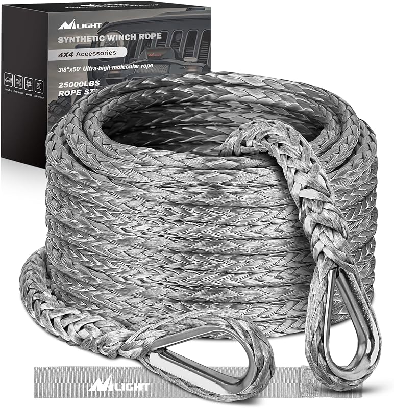 Extensión de cuerda de cabrestante sintética de 3/8" x 50 pies para remolque de recuperación, gris | Cable de extensión de cabrestante Línea de cuerdas de remolque de repuesto para vehículos todoterreno Polaris ATV UTV Camión SUV Jeep Accesorios de cabrestantes
