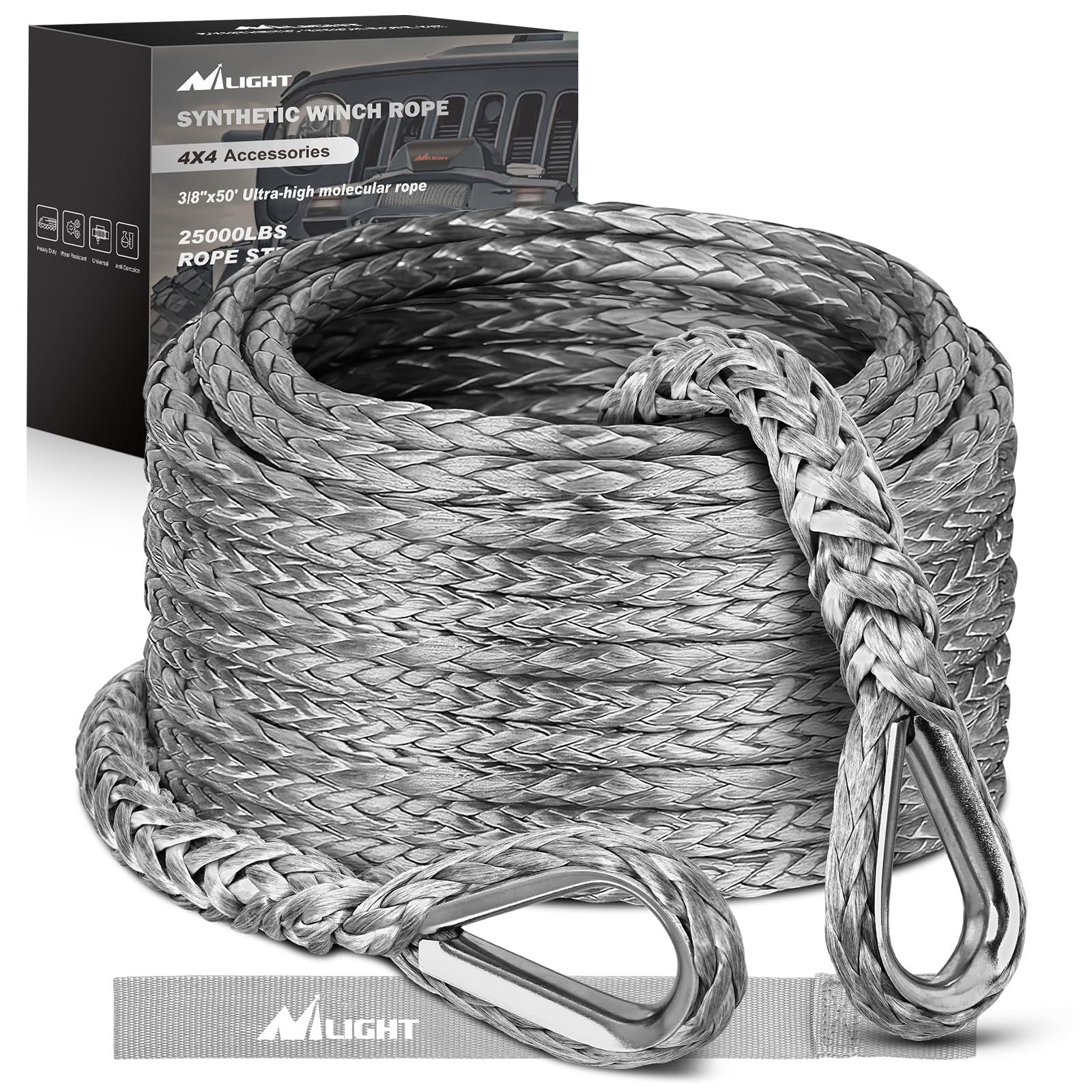 Nilight Synthetische Seilverlängerung 3/8 Zoll x 50 Fuß 11,3 kg ATV Winde Verlängerungskabel Ersatz Abschleppseile Linie für Geländewagen Polaris ATV UTV LKW SUV Jeep, Grau