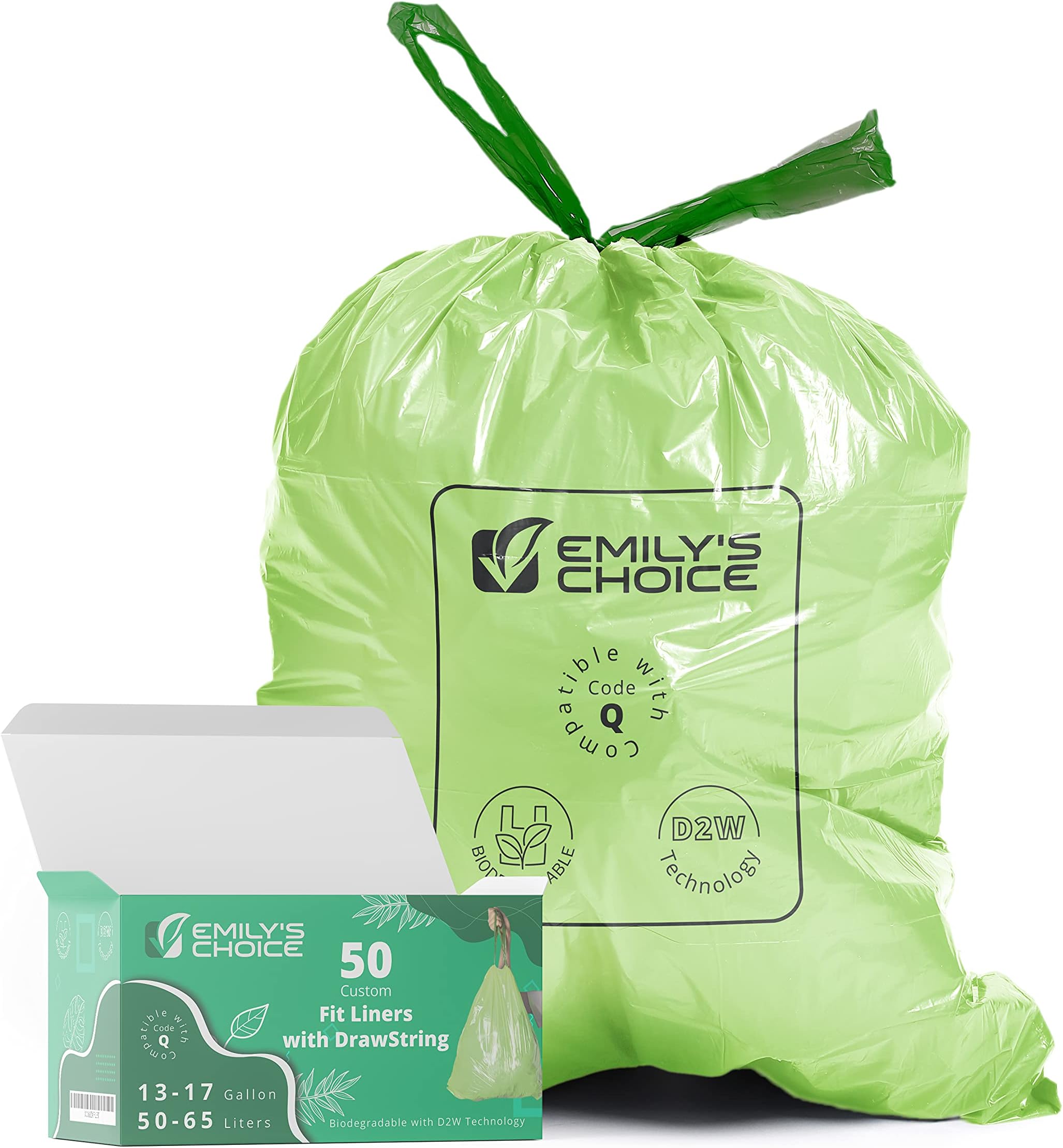 Emily's Choice Heavy Duty Biodegradable Tall Kitchen Trash Bag (50 count) with D2W Technology, Custom Fit compatible with Simplehuman Code Q trash bins, 50-65L / 13-17 Gallons, ATSM 6954,1.2 Mil / 30