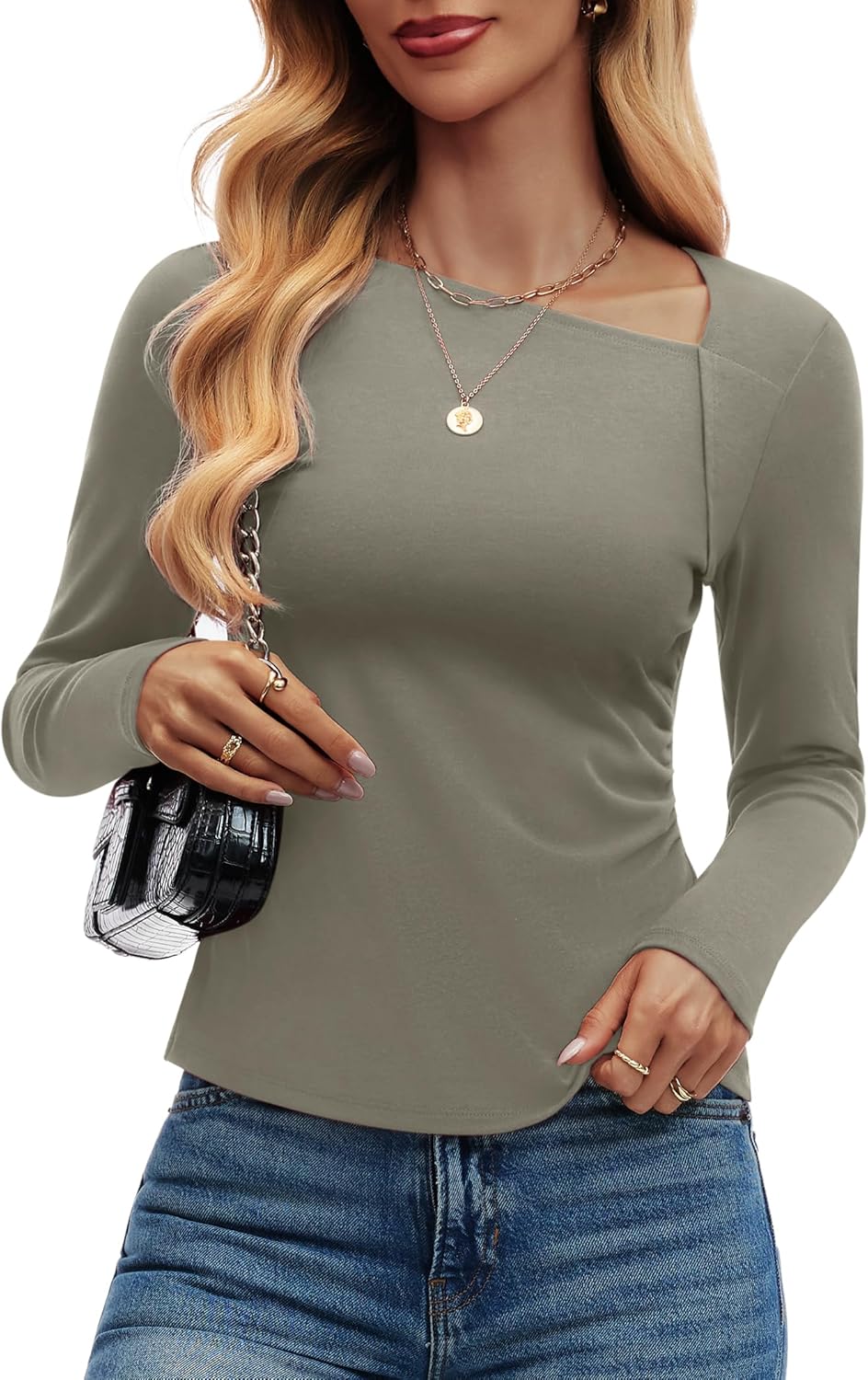 DCCISU Women's Long Sleeve Asymmetrical Tops Ruched Side Slim Fit Shirts 2025 Fall Fashion Casual Tee Going Out Tops