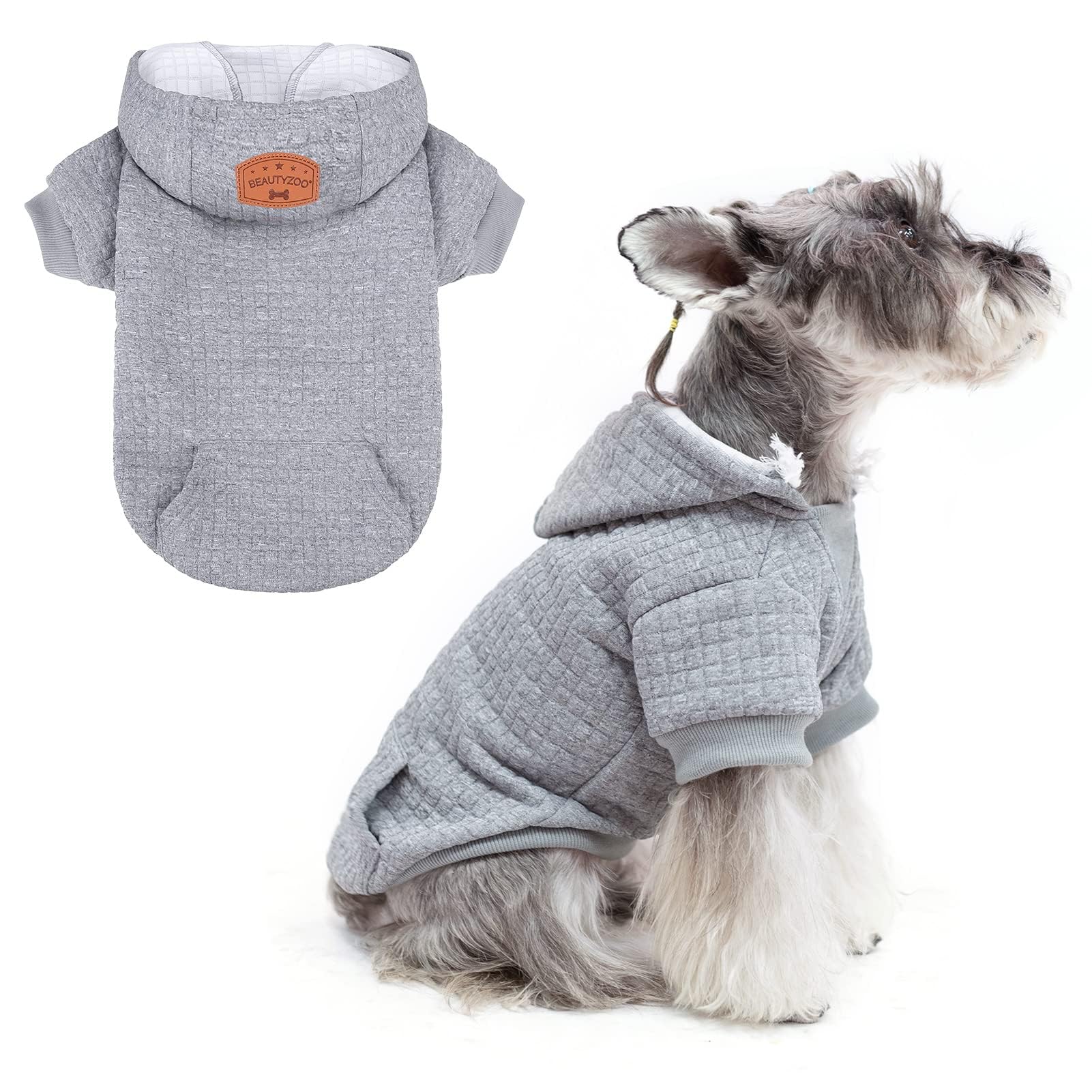BEAUTYZOO Small Dog Hoodie Sweater with Pockets, Dog Clothes for Small Medium Dogs Boy Girl, Waffle-like Laminated Cotton Pet Coats with Hat and Leash Hole, All Weather Coat for Puppy Doggie Chihuahua