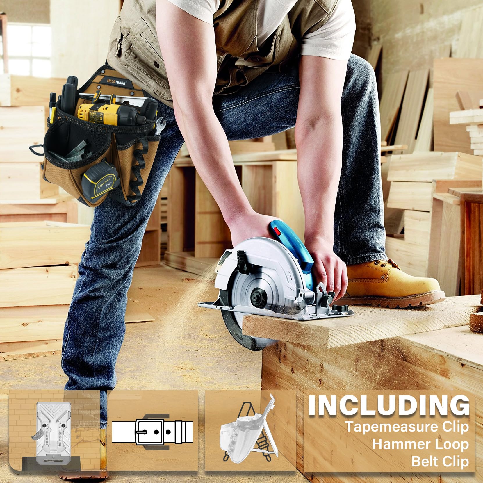 MELOTOUGH Borse da cintura per attrezzi da elettricista con clip da cintura Utility Tool Belt Organizer Pouch con cavalletto posteriore Hammer Holder