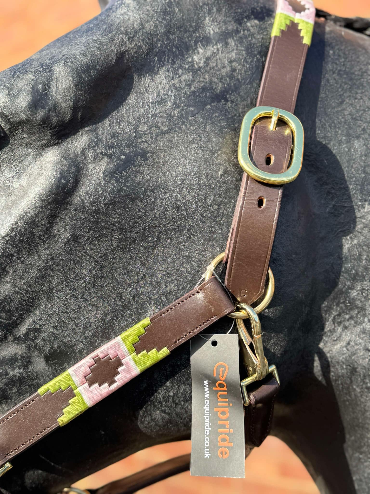 Argentina Polo Leather Horse Headcollar Halter, Embroidered, Rose Pink /Green (Cob) - Image 3