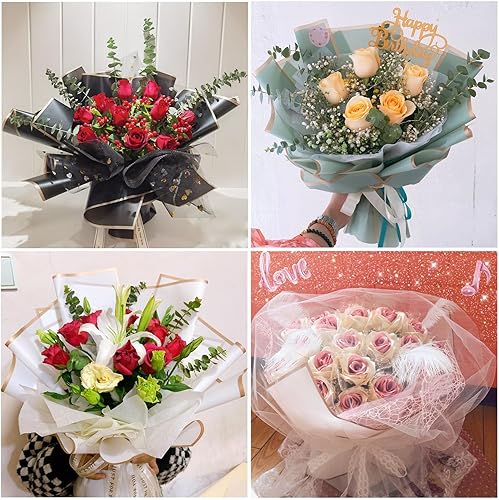 Miniatura 5 de eageus 20 hojas de papel de regalo floral, papel de embalaje de ramo de flores impermeable con borde dorado de doble cara, suministros de embalaje