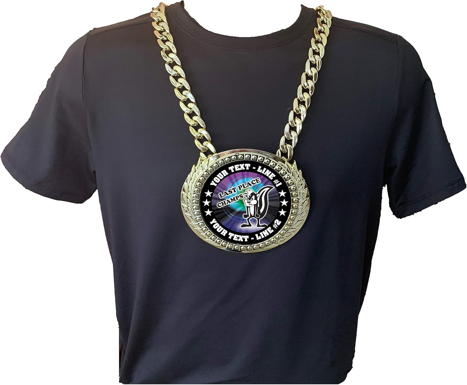 Express Medals Custom Last Place Loser Skunk Champ Chain Trophy with 2 Lines of Personalized Text on a Large Rigid Plastic Award Medal and 34 Inch Long Gold Color Neck Chain. MY489