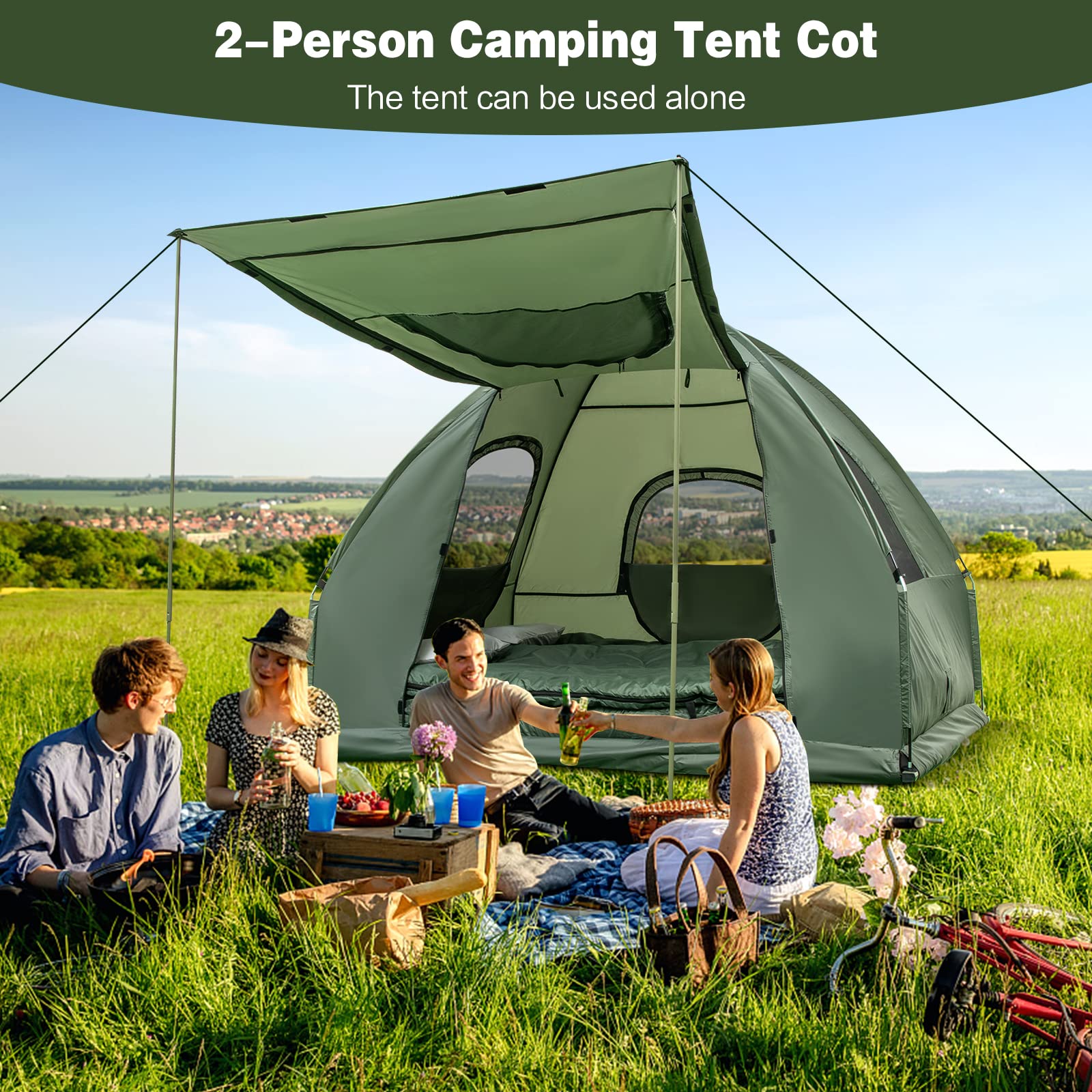 SOARS Tenda da Campeggio 5 in 1, con Brandina Letto da Camperggio Rialzato e Matterasso Gonfiabile Spesso, con Cuscino, Sacco a Pelo e Borsa, Facile da Trasportare, Professionale