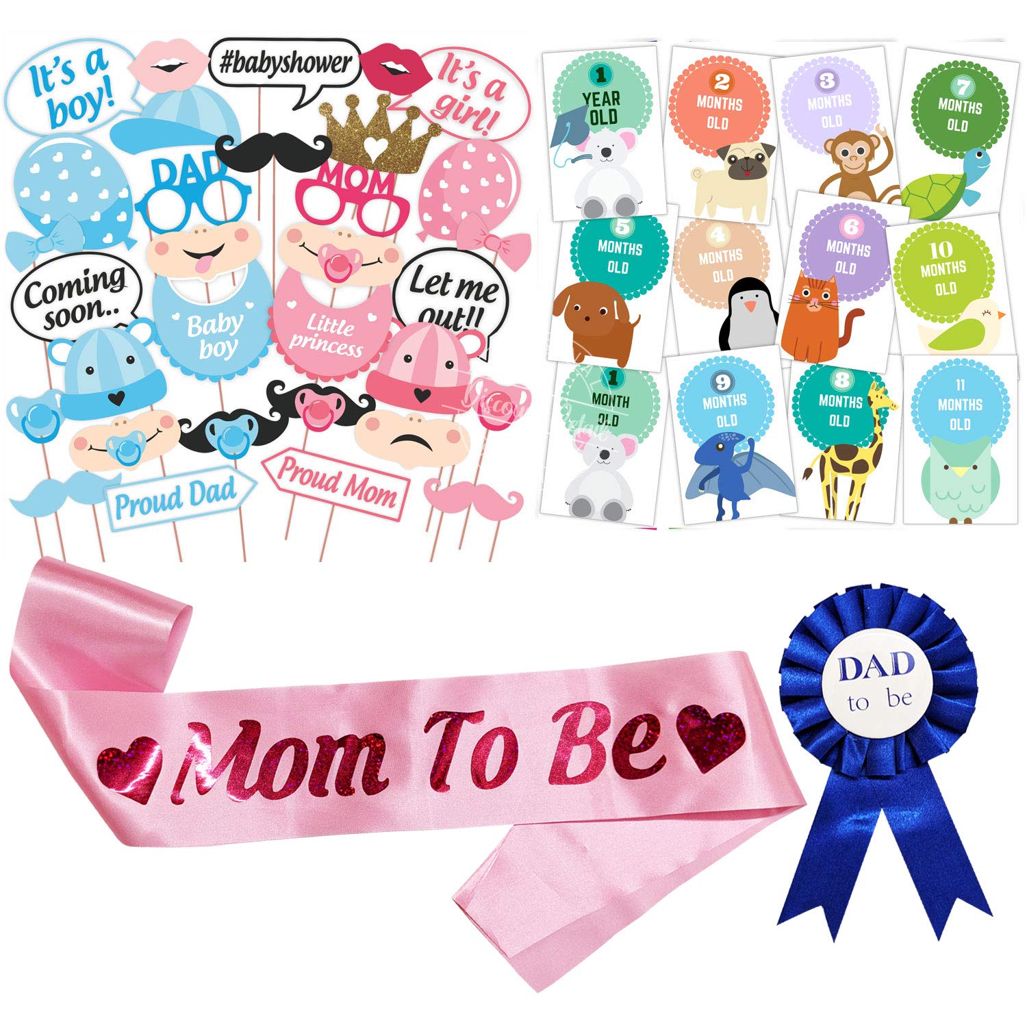 Wobbox Baby Shower Decoration Items| Baby Shower Ceremony Photo Booth Props for Photoshoot, Daddy to Be Badge & Mom to Be Sash with Milestone Card, Godh Bharai Ceremony Decoration Kit-(FP785)