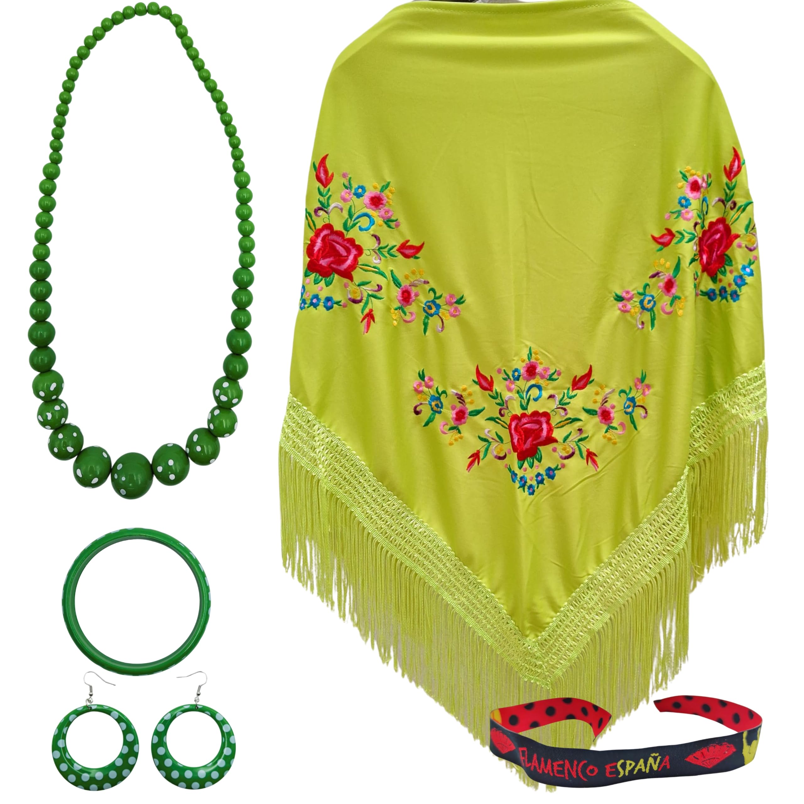 Planta Color Flower Embroidered Shawl with Accessories, Green 3 Flowers, L