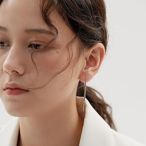 Miniatura 4 de Handmade Curved 925 Sterling Silver Earrings Hypoallergenic Drop Dangle Threader Earrings Minimalist Modern Long Thin Geometric Linear Threader
