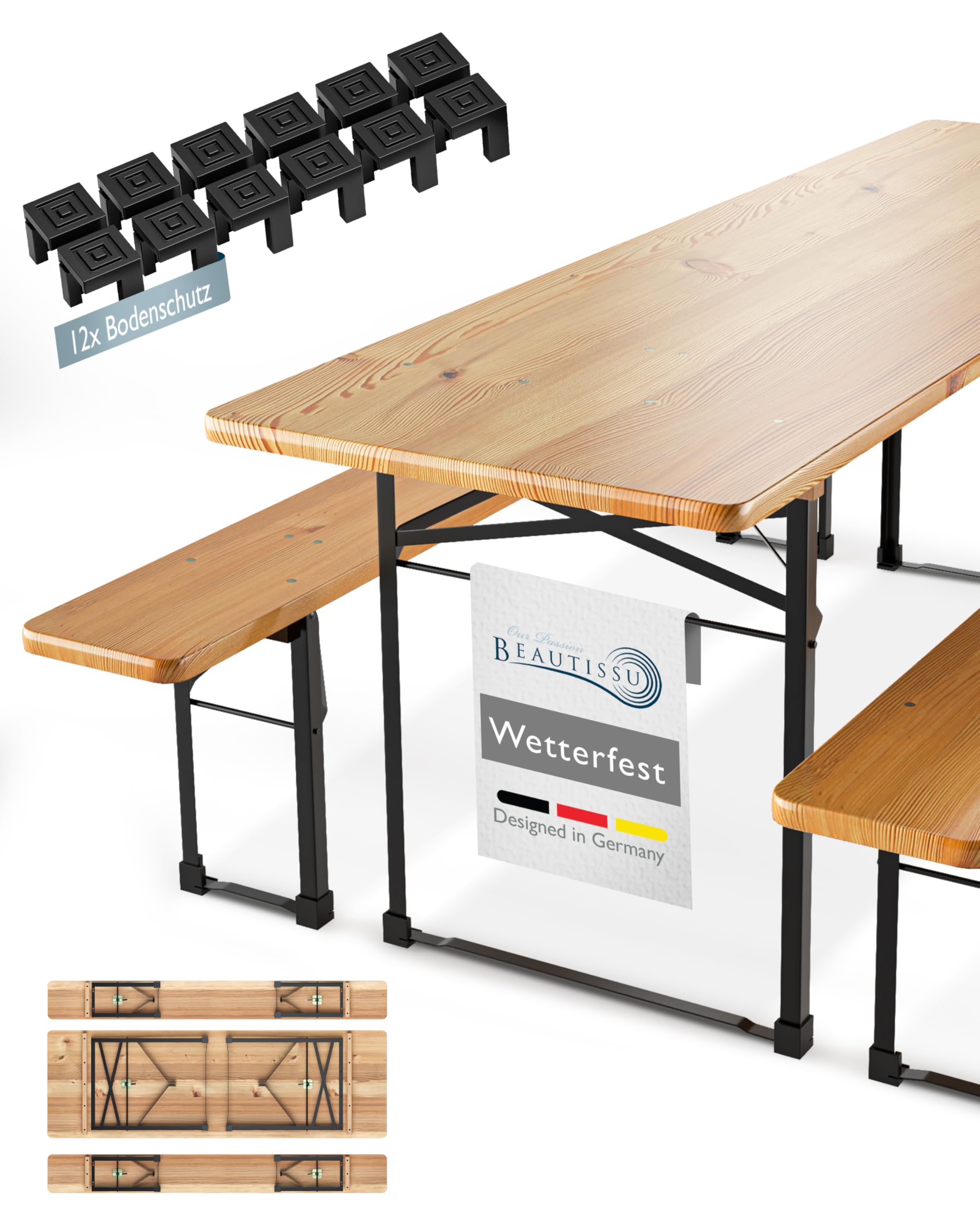 Beautissu 3tlg Bierzeltgarnitur 220x70 cm Holz - 1x Biertischgarnitur & 2X Bierbank Biertisch Bierzeltgarnitur klappbar - Bierbankgarnitur Biergartengarnitur Festzeltgarnitur Campingtisch Outdoor