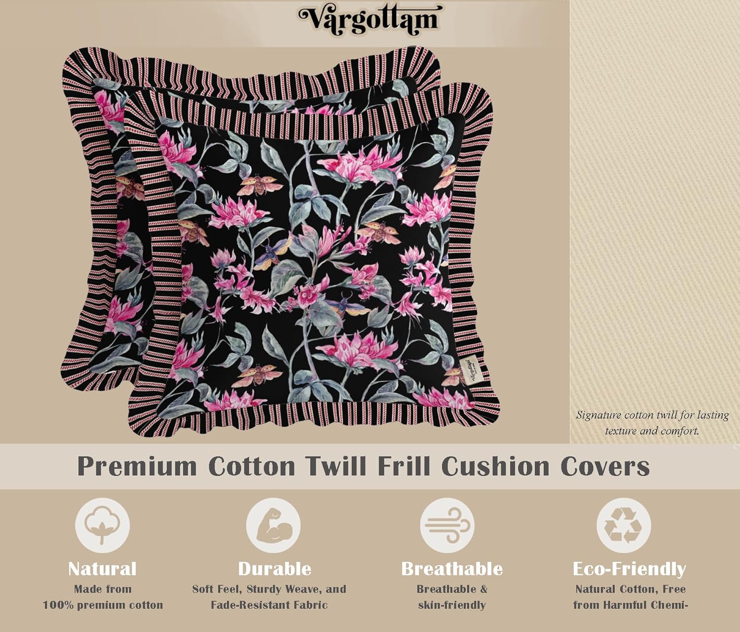 Cotton Twill Frill Cushion Covers 16 Inch Square, Set of 2, Reversible Print, Farmhouse Throw Pillow Covers with Hidden Zipper - Floral Pattern