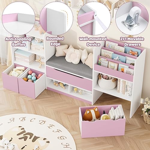 Miniatura 5 de FOTOSOK Estantería infantil de 72 pulgadas con rincón de lectura, organizador grande de almacenamiento de juguetes con cojín de asiento y 3 cajones