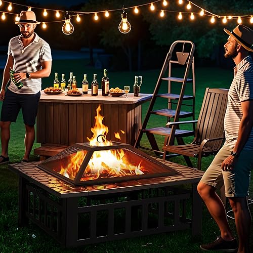 Miniatura 4 de Greesum Mesa multifuncional para fogata de patio, estufa cuadrada de metal de 32 pulgadas, chimenea de jardín con tapa de pantalla de chispas y