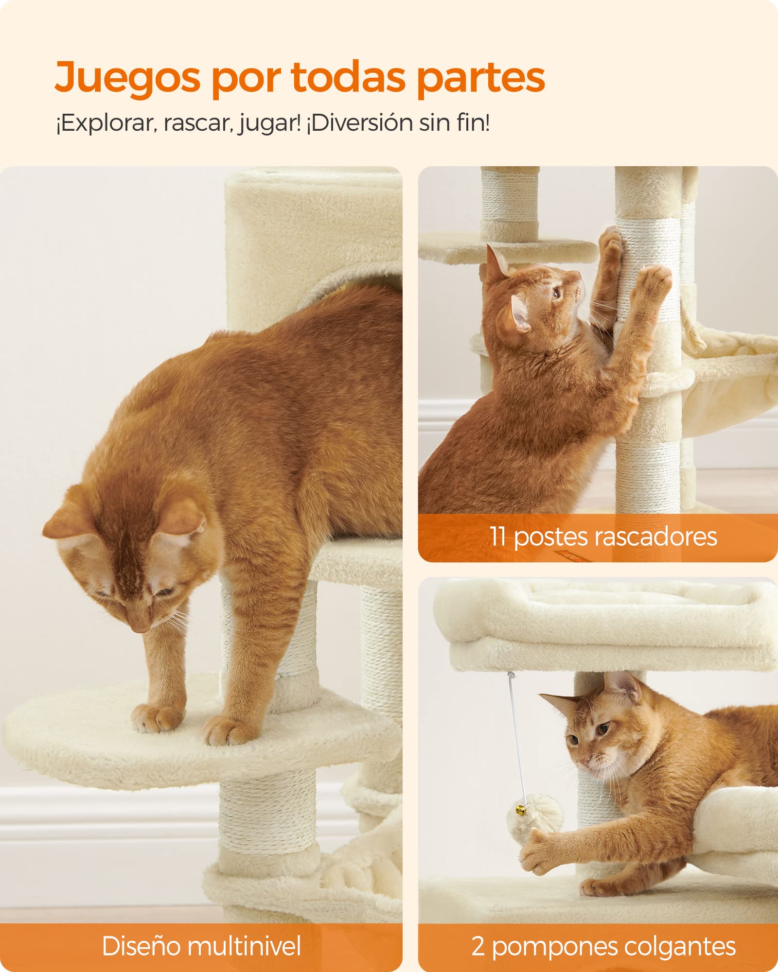 Feandrea Albero per Gatti Alto 112 cm, Tiragraffi per Gatti, con 11 Pali Graffiatoi, 2 Posatoi, 1 Grotta, 1 Amaca, 2 Pompon, in Peluche a Più Livelli, Beige PCT215M01