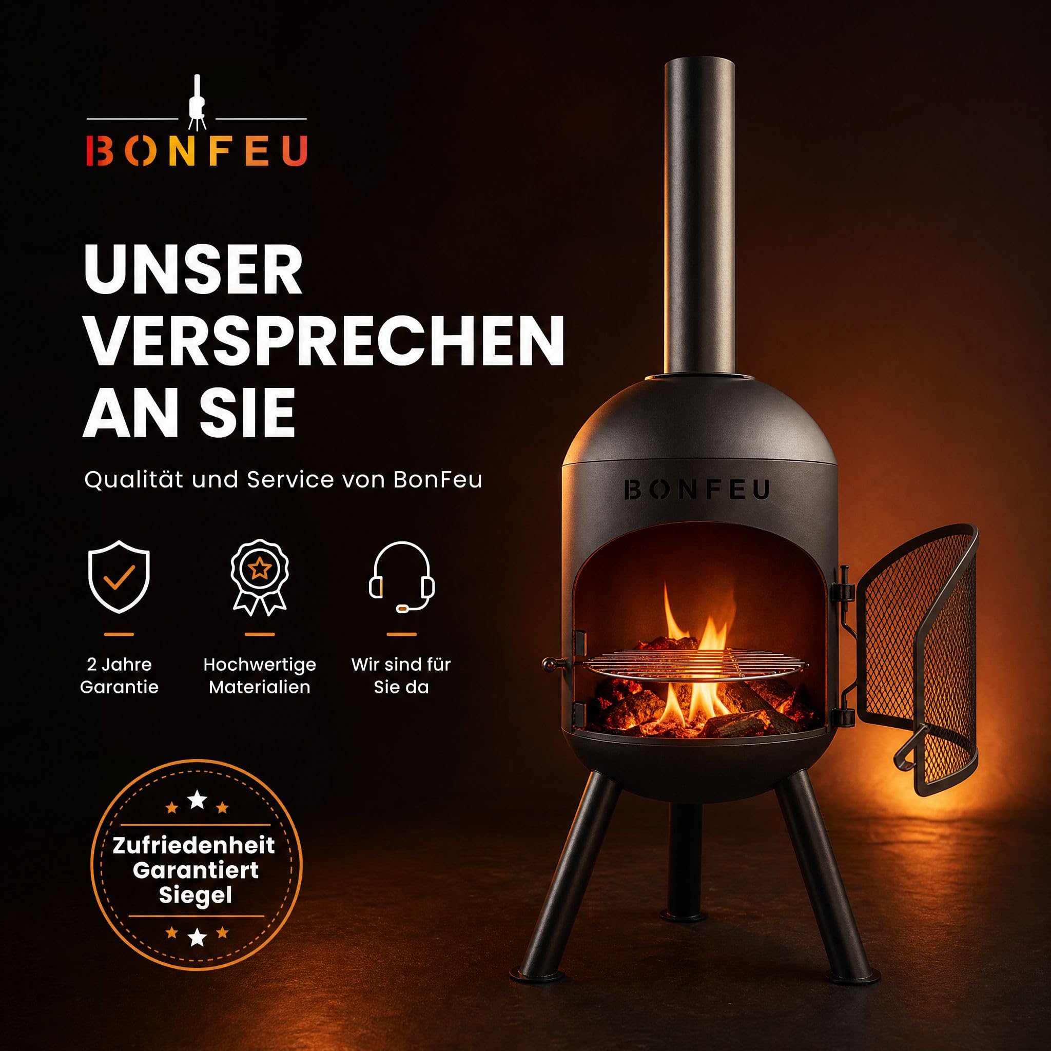 BonFeu BonSolo Terrassenofen Schwarz – Hochwertiger Gartenkamin mit BBQ-Grillfunktion, Ø 34 cm, H 124 cm – Robuster Outdoor-Kamin aus Stahl inkl. Grillrost und Schürhaken für Garten & Terrasse