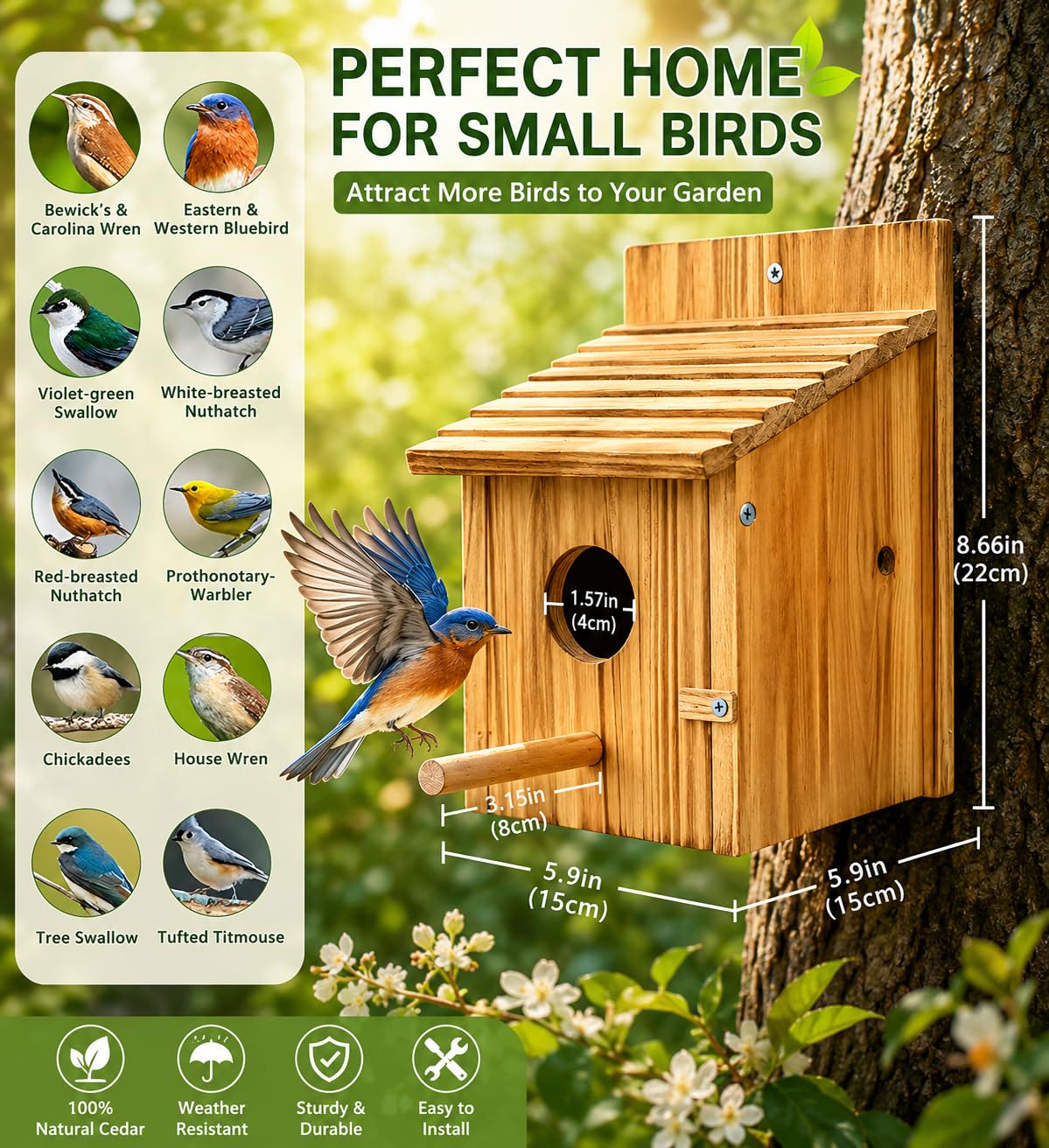 Casa de pájaros de Madera, casa de pájaros de Madera para Exteriores con Poste para pinzón, pájaro Azul, cardenales, casa de pájaros Colgante, jardín, Casas de Campo