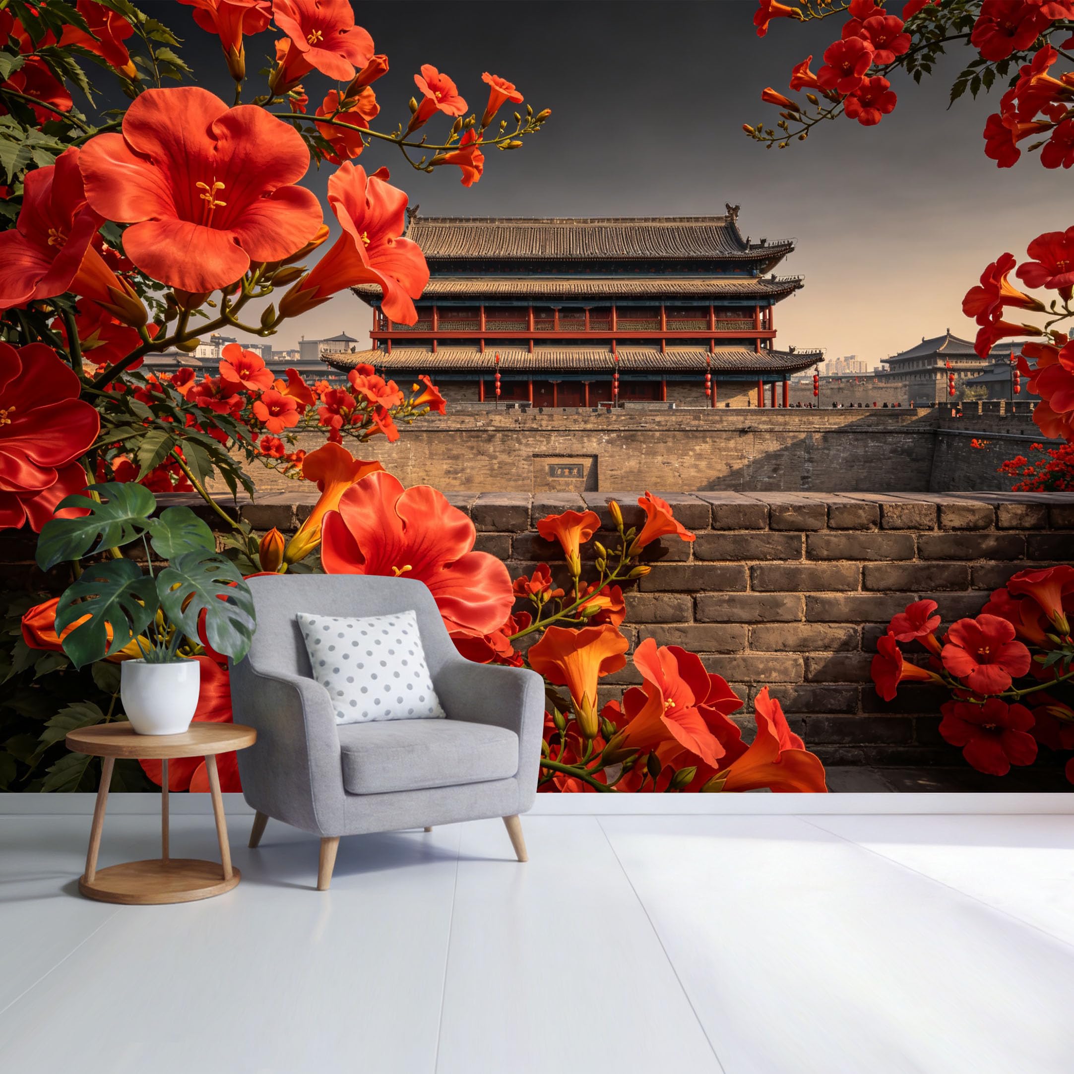 Custom Size Wall Mural Ancient Asian Architecture View with Red Trumpet Flowers Botanical Landscape SelfAdhesive Wall Fabric Removable Wallpaper for Home Office Decor