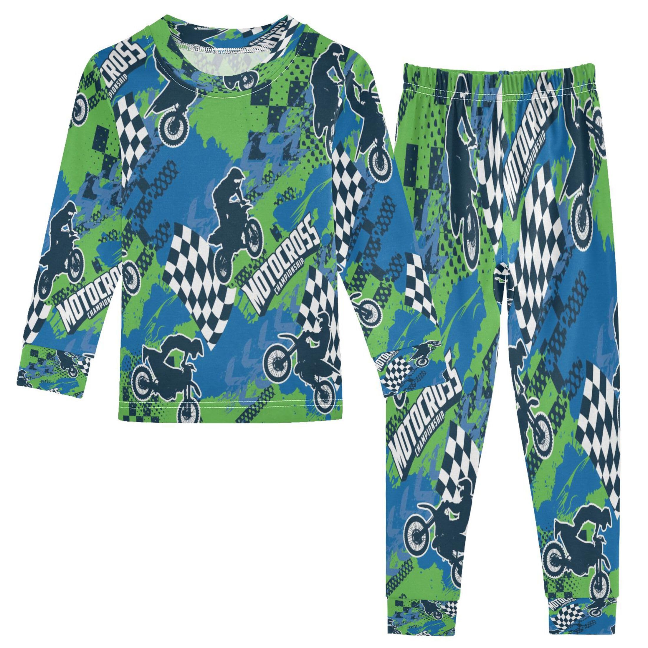 Vozoza Motocross Sport Green Blue Pajama Sets Long Sleeve Top with Pants Cotton Soft Sleepwear 2 Piece Pjs Set Size 3T
