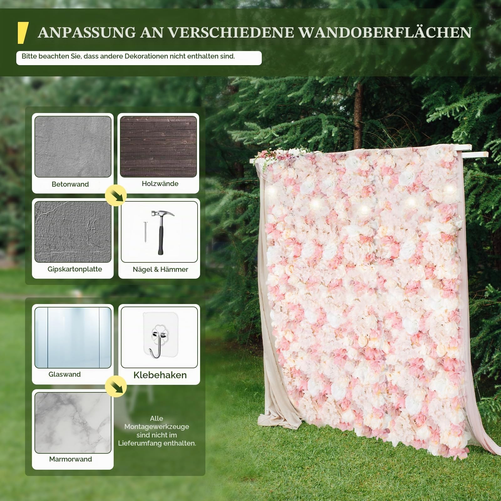 12 Stück 40x60 cm DIY Künstliche Blumen-Wandpaneel Set, Blume Wand Panel Dekorative Kunstblumen-Wandmatte, 3D Seiden Blumenwand Blumen Wanddekoration für Party Hochzeit Hintergrund (Rosa)