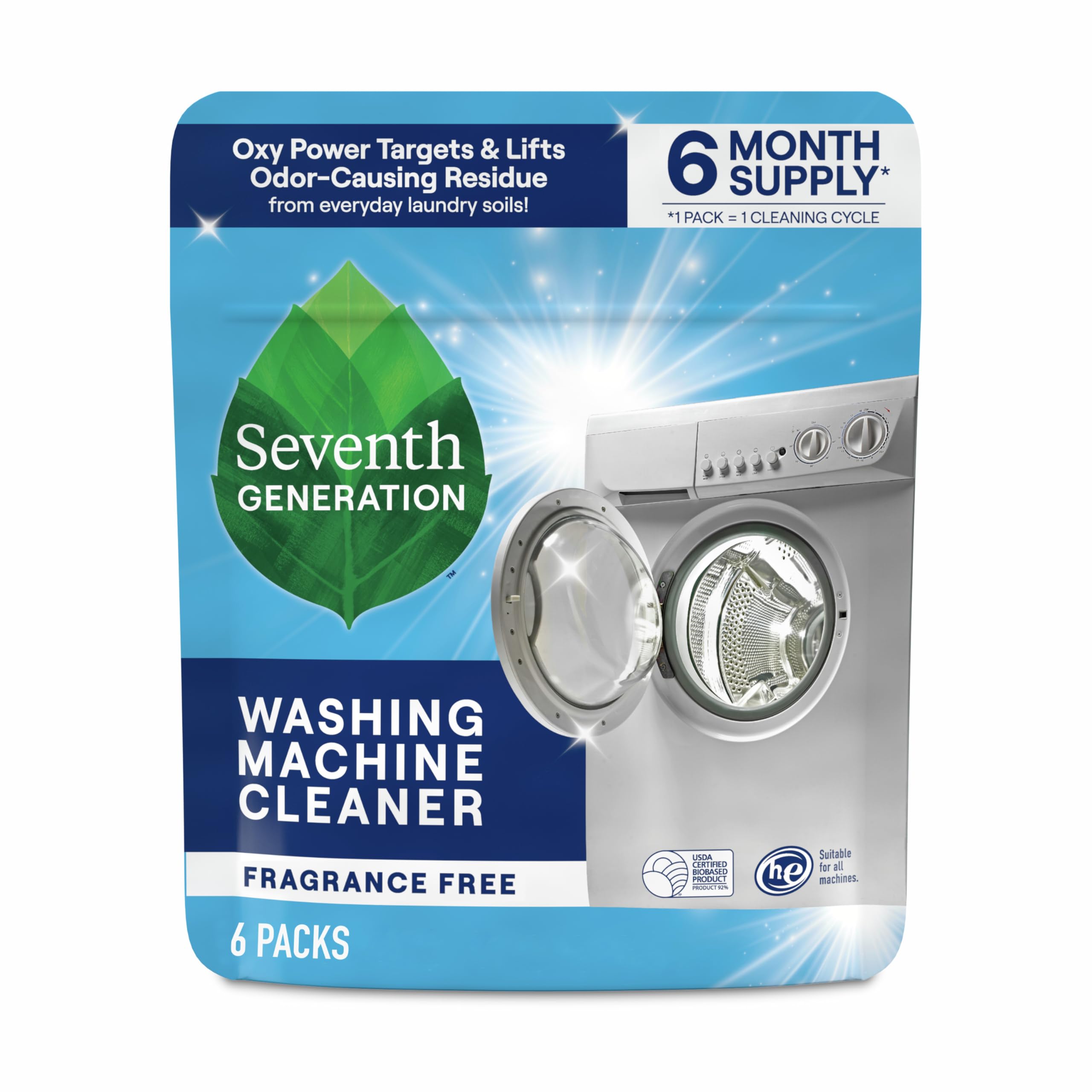 seventh generation washing machine cleaner 6 count free amp clear targets odor-causing residue powered by oxy power 42 oz