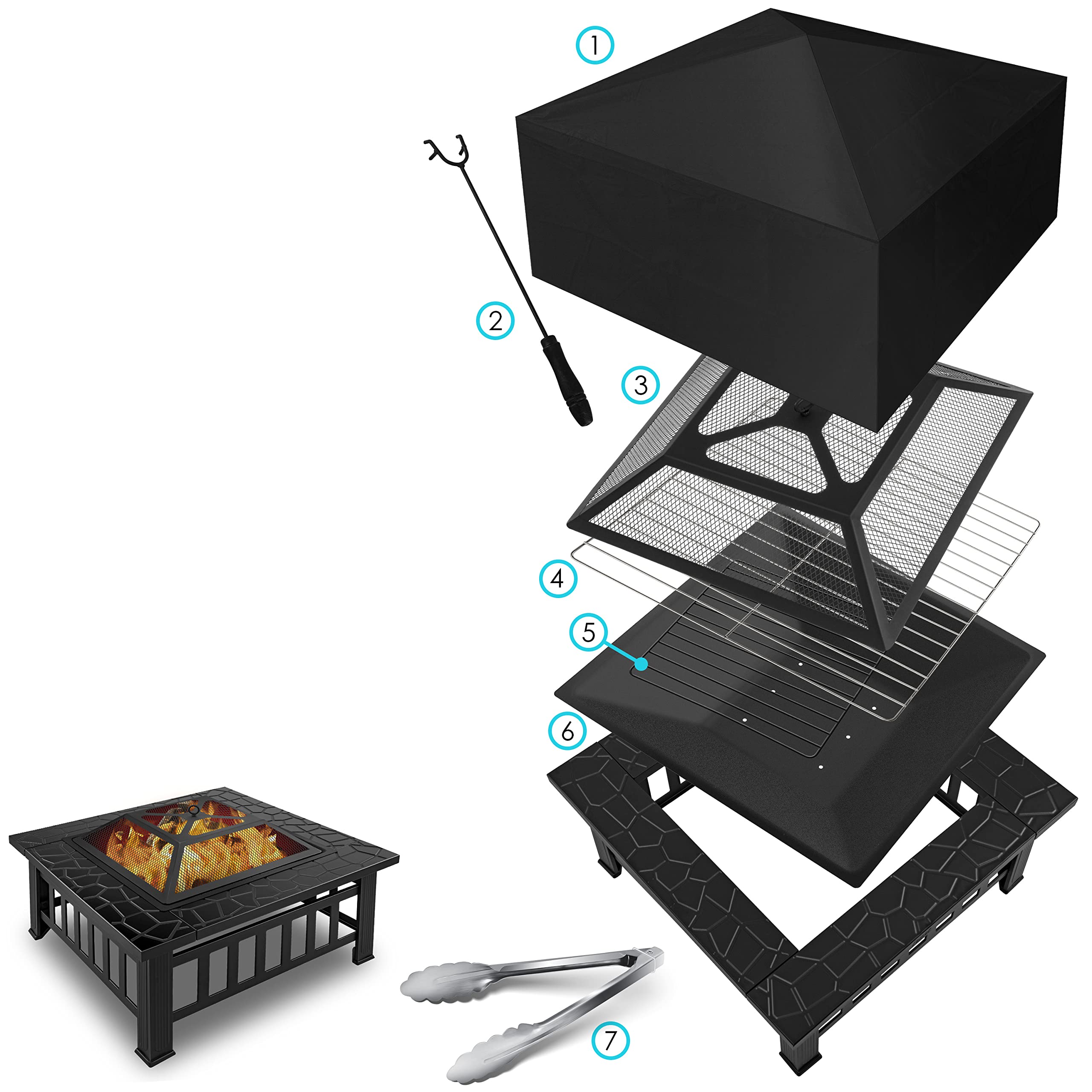 KESSER® Pozo de Fuego con Rejilla de Parrilla de Ø 62, Pozo de Fuego Multifuncional para calefacción/Parrilla de Barbacoa, Gancho y carbón, Cuenco de Fuego para terraza de jardín, Negro (Cuadrado)