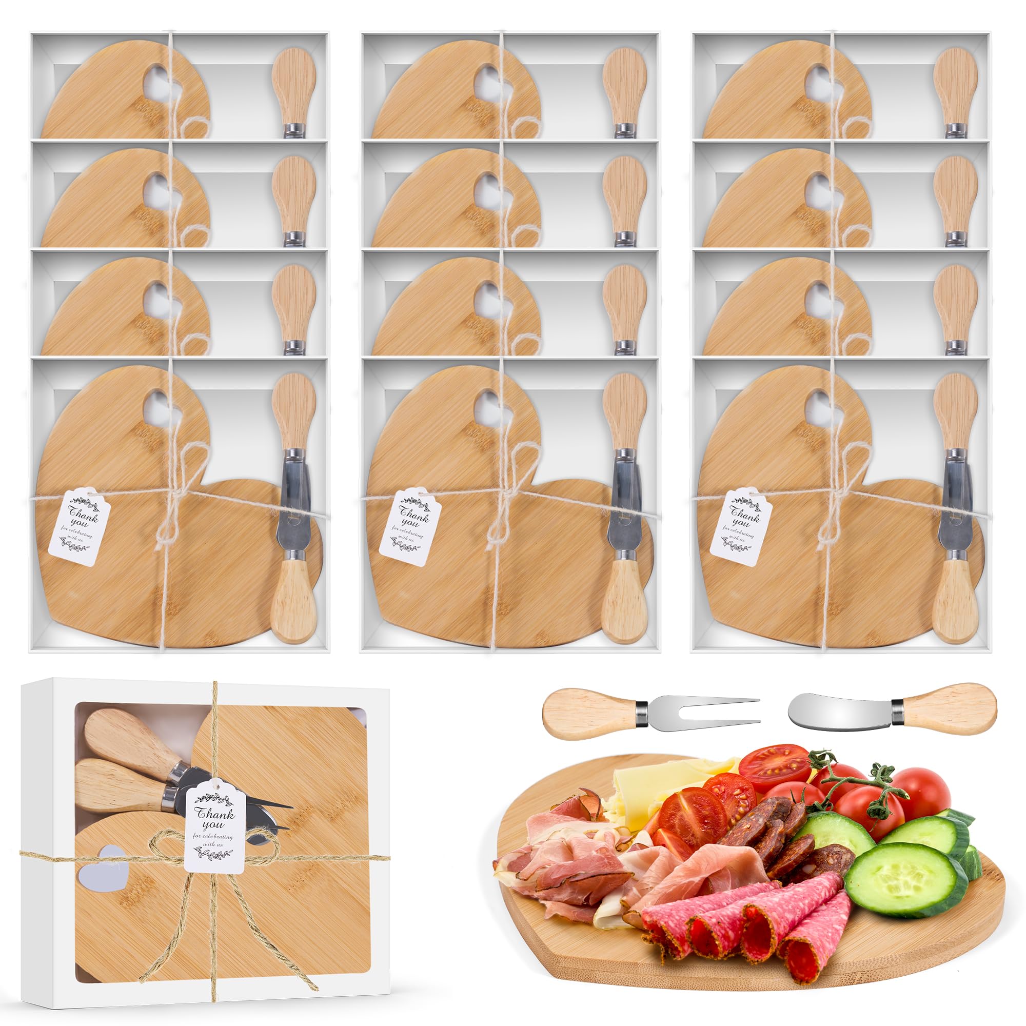 Defined Deco 12 Set Heart Cheese Board Cheese Knives Wood Mini Charcuterie Board,8.3x7 Inch Mini Charcuterie Boards with Knives,for Guest Bridal Baby