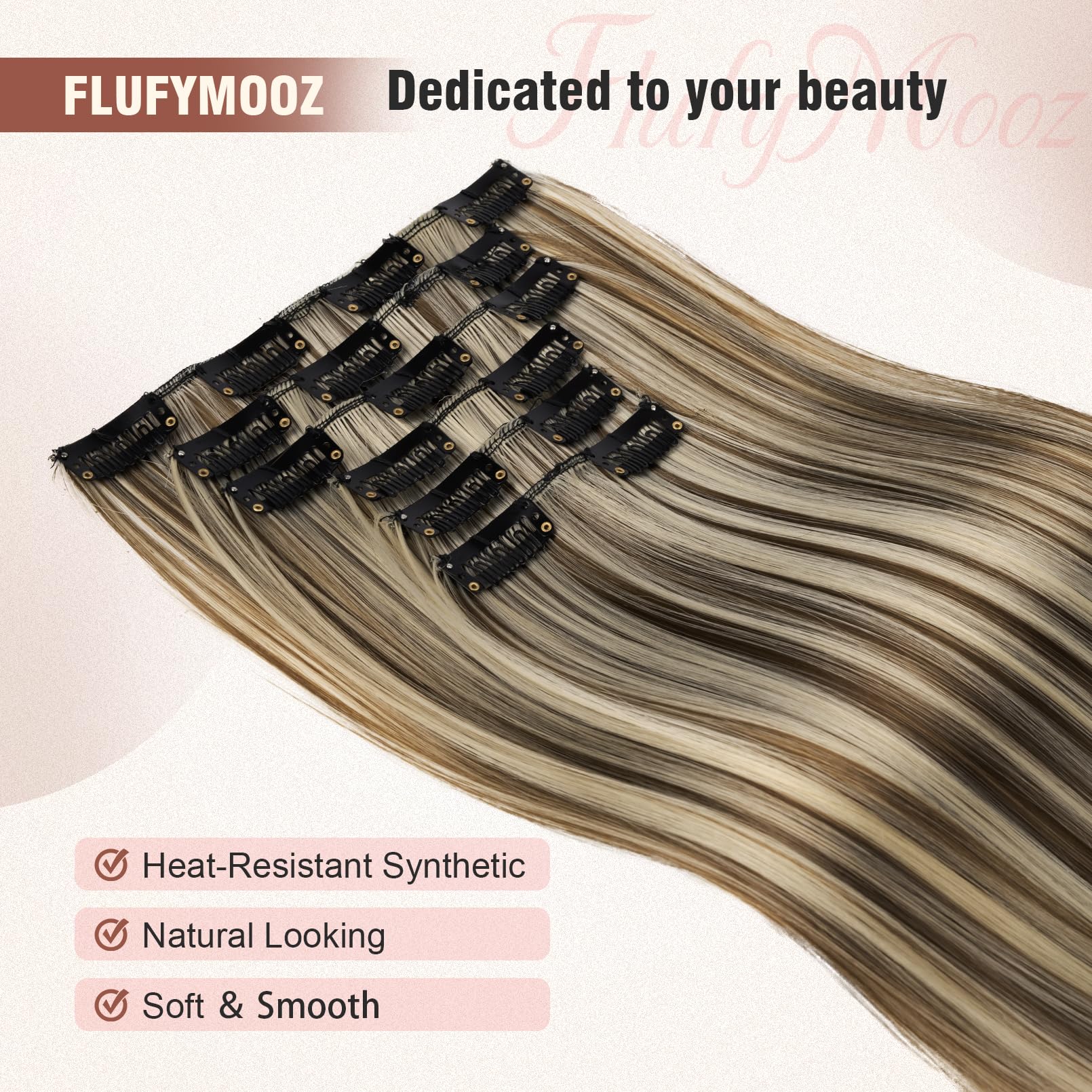 FLUFYMOOZ 6PC Clip in Hair Extensions 24" Straight Long Extensions for Women Synthetic Hairpiece (Chocolate Brown with Blonde Highlights) - Image 3