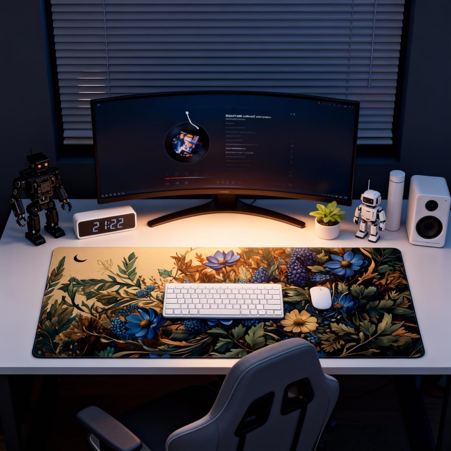 Floral Aesthetic Cosmos Gaming Mouse Pad, Apricot Blue Vintage Botanical Desk Mat with Anti-Slip Base & Stitched Edges, Office & Home Desk Decor for Women, 35.4" x 15.7" in Computer Desktop Mat