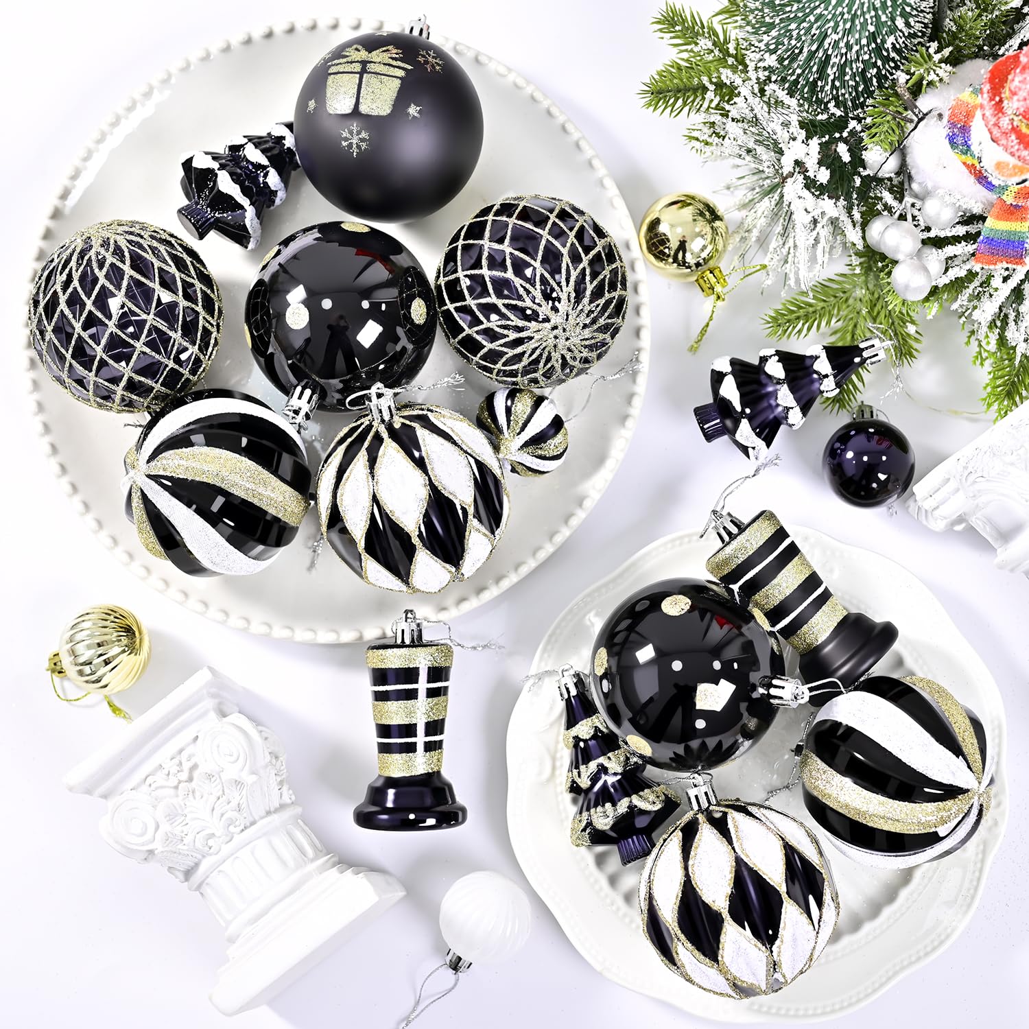SVNVIOZ Juego de 40 bolas de Navidad de 8 cm, bolas de Navidad inastillables, color negro, dorado y blanco