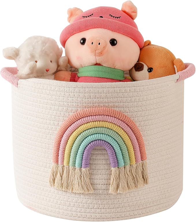 INough Woven Cotton Rope Toy Storage Basket with Rainbow Decor – Large Blanket & Toy Organizer Bin with Handles for Kids, Nursery, Playroom & Living Room (Girls Baby Gift)