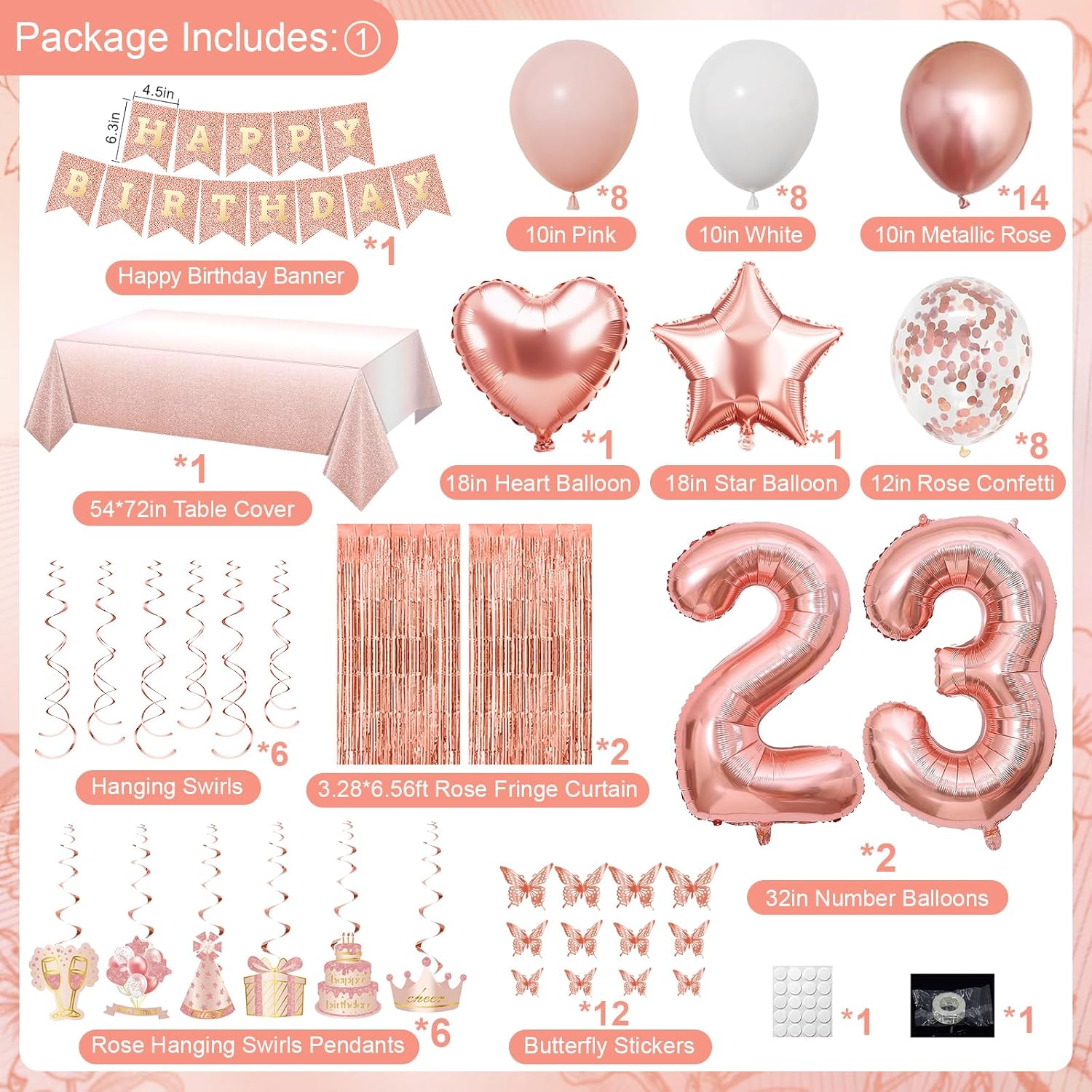 Rose Gold 23rd Birthday Decorations, Happy 23rd Birthday Decorations for Women Girls, Party Pack with Rose Gold Banner, Number 23 Balloons, Sash, Crown, Dinnerware for 10 Guests