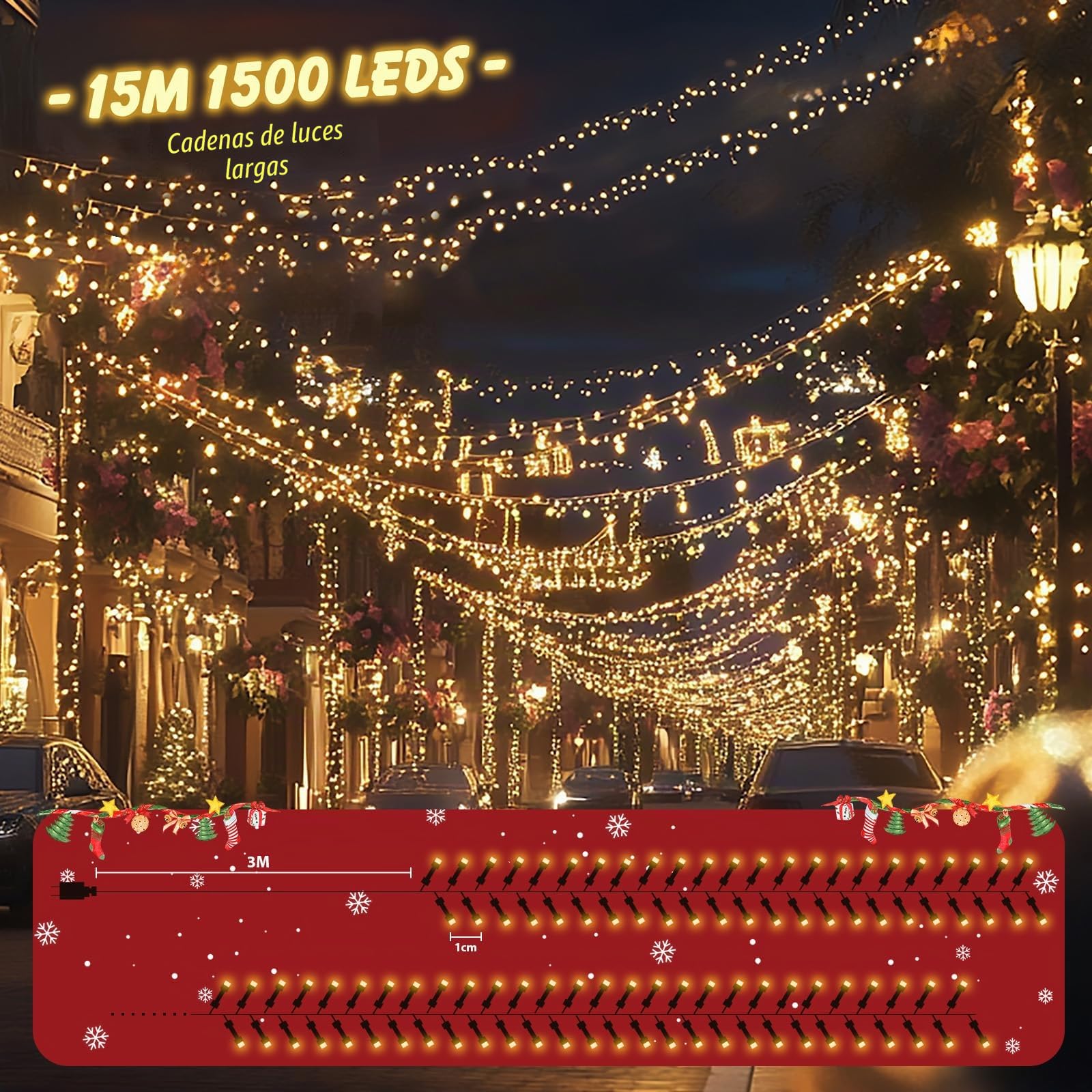 SALCAR Cadena de luces de Navidad para exteriores, 15 m, 1500 LED, con 8 modos y memoria, resistente al agua, para interior y exterior, jardín, árbol de Navidad, boda, blanco cálido