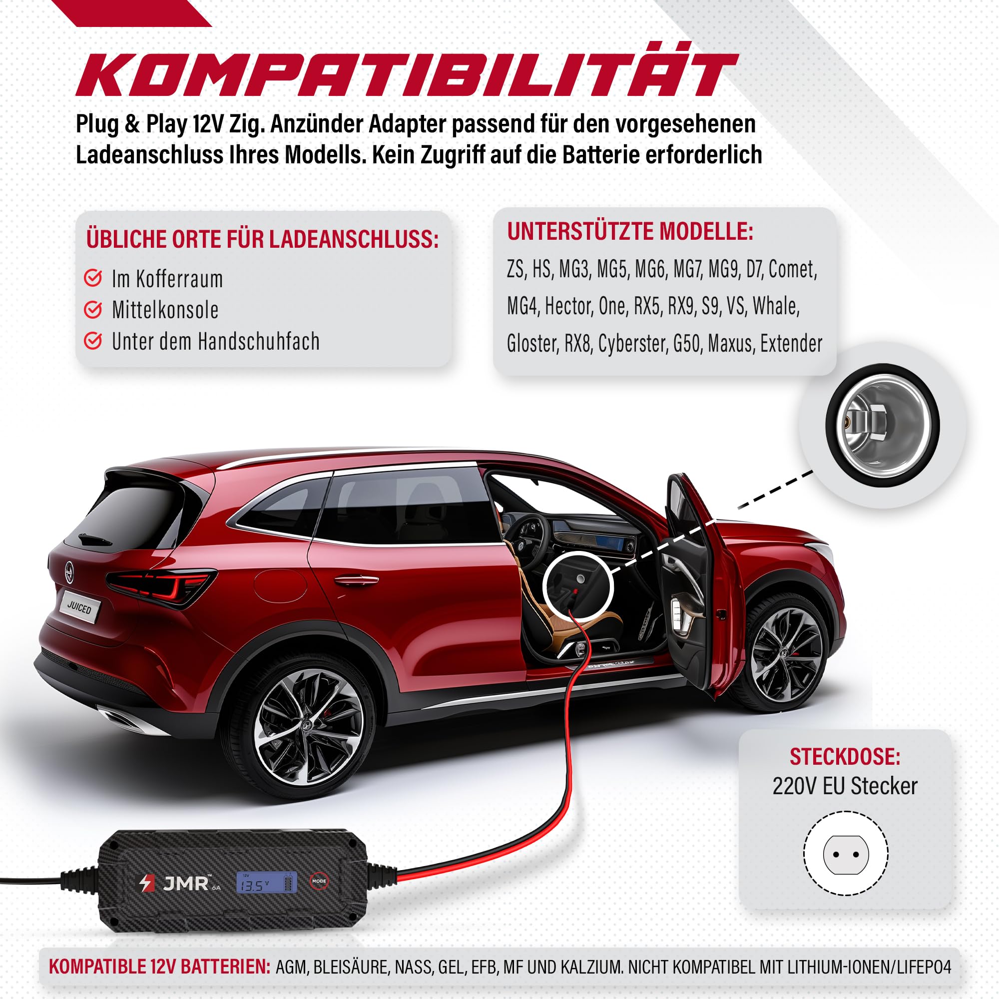 JMR Batterieladegerät für MG ZS HS MG3 MG5 MG6 MG7 MG9 D7 Comet MG4 Hector One RX5 RX9 S9 VS Whale Gloster Alle Modelle Autobatterie Ladegerät Erhaltungsladegerät Akkuladegerät (Kein Lithium-Modus)