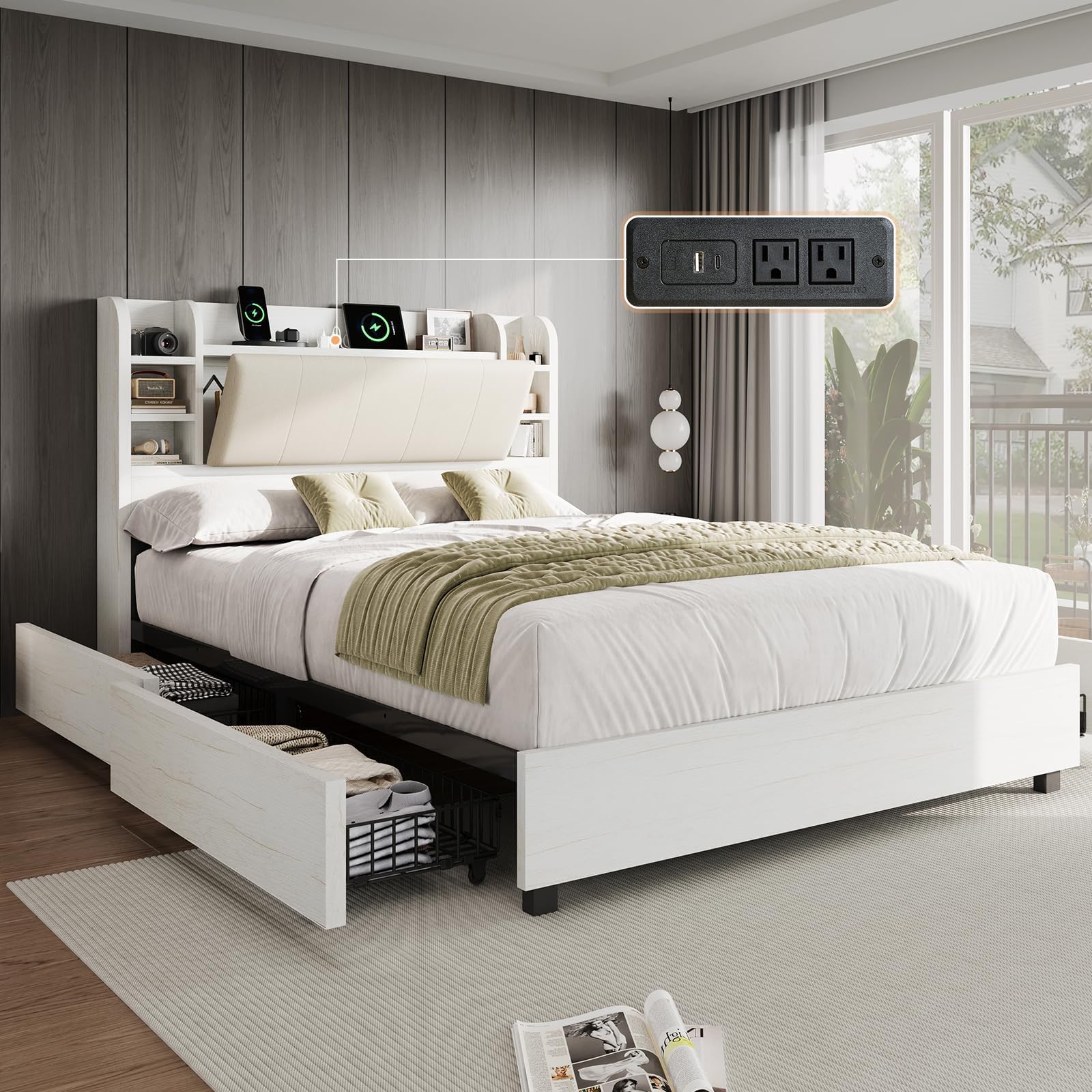 amerlife queen size bed frame with bookcase headboard, 4 drawers & hidden storage, upholstered cushion backrest, wooden platform bed with charging station, heavy duty metal frame, rustic white(incomplete)