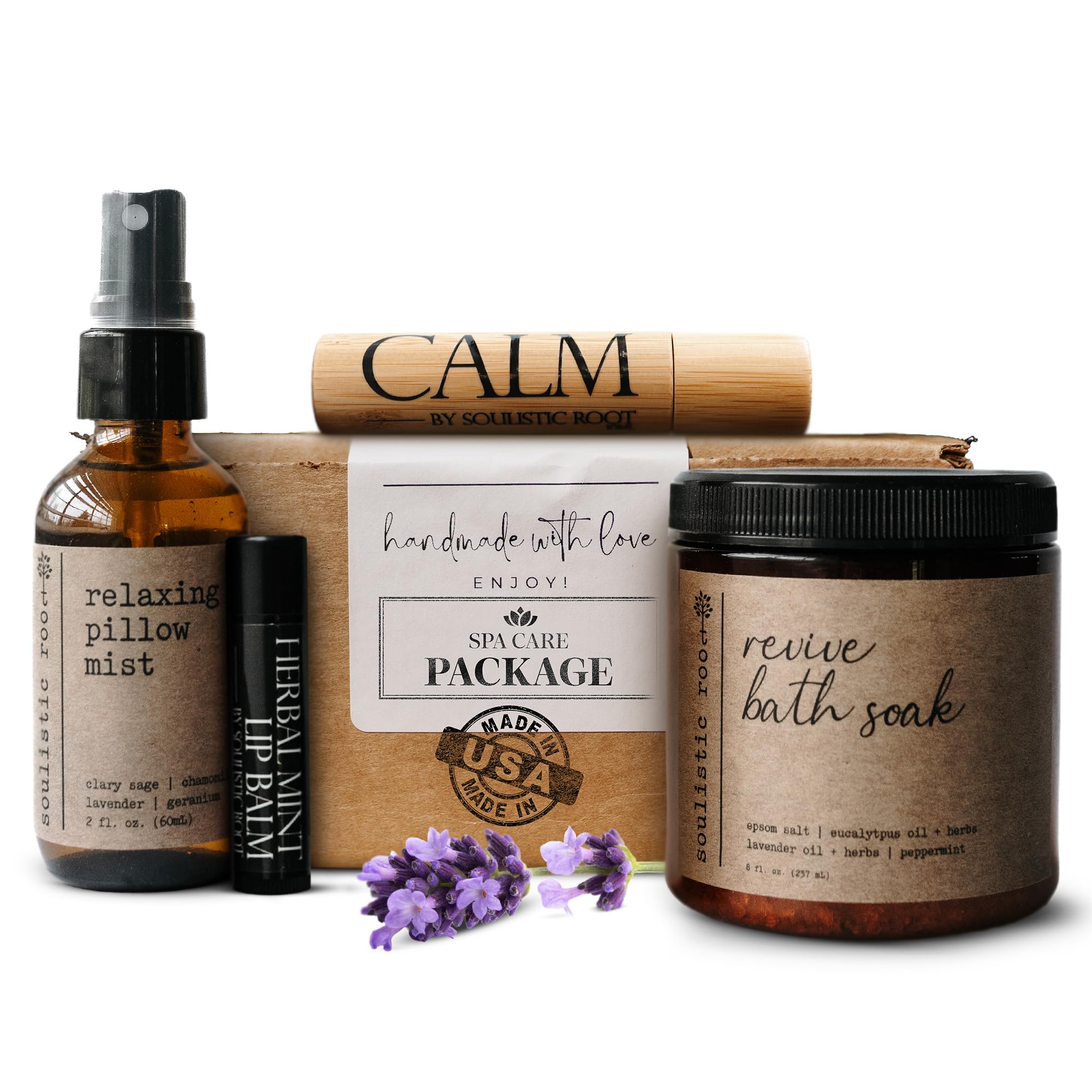 SOULISTIC ROOT Self-Care Set - Luxury Spa Bath Kit, Pillow Mist, Cooling Lip Balm, Tranquil Essential Oil Roller & Epsom Salt Bath Soak Pampering