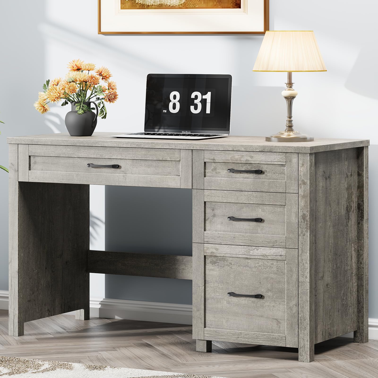 Vabches Farmhouse 47" Executive Desk, Computer Desk with File Drawer, Gray
