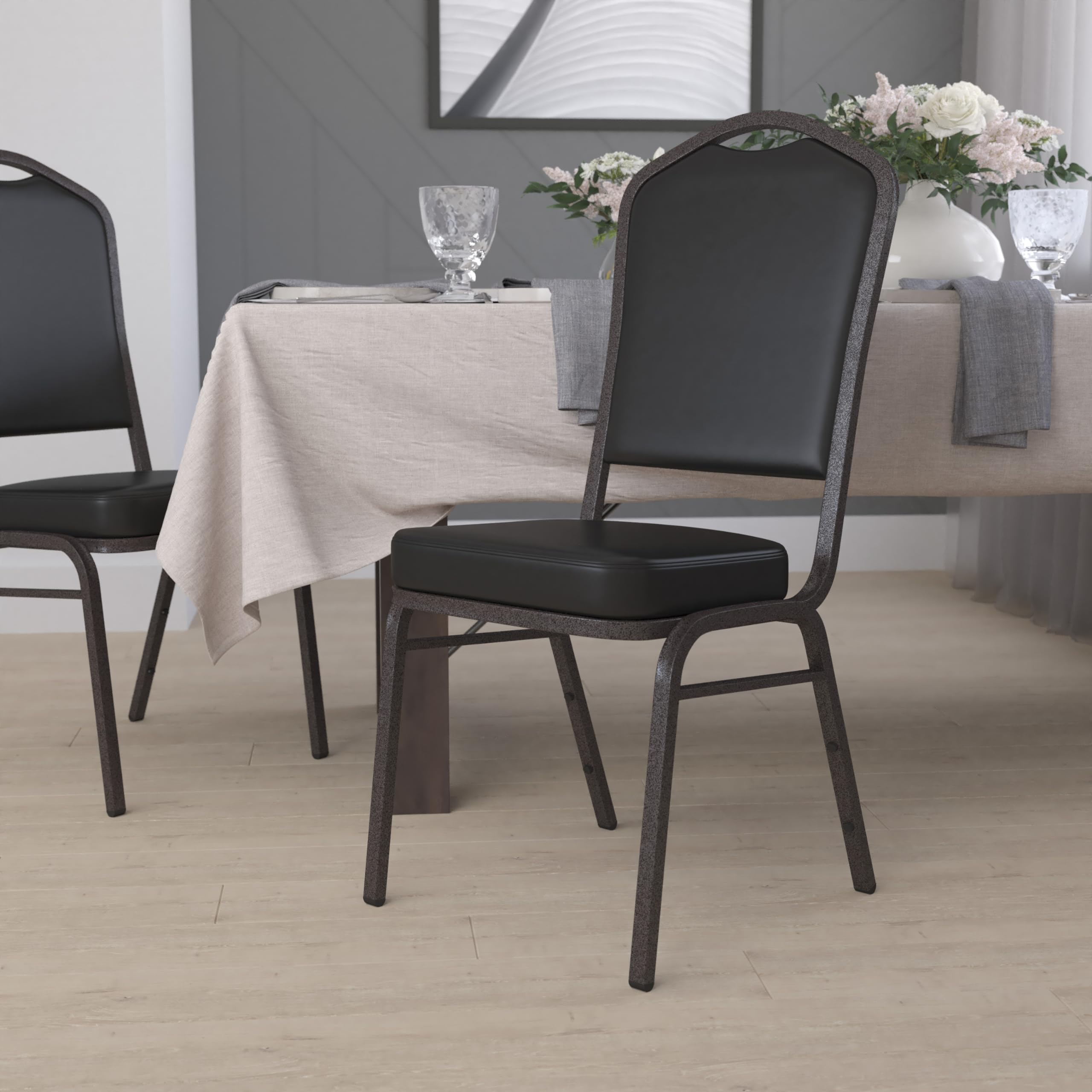 EMMA + OLIVER Crown Back Stacking Banquet Chair in Black Vinyl - Gold Vein Frame